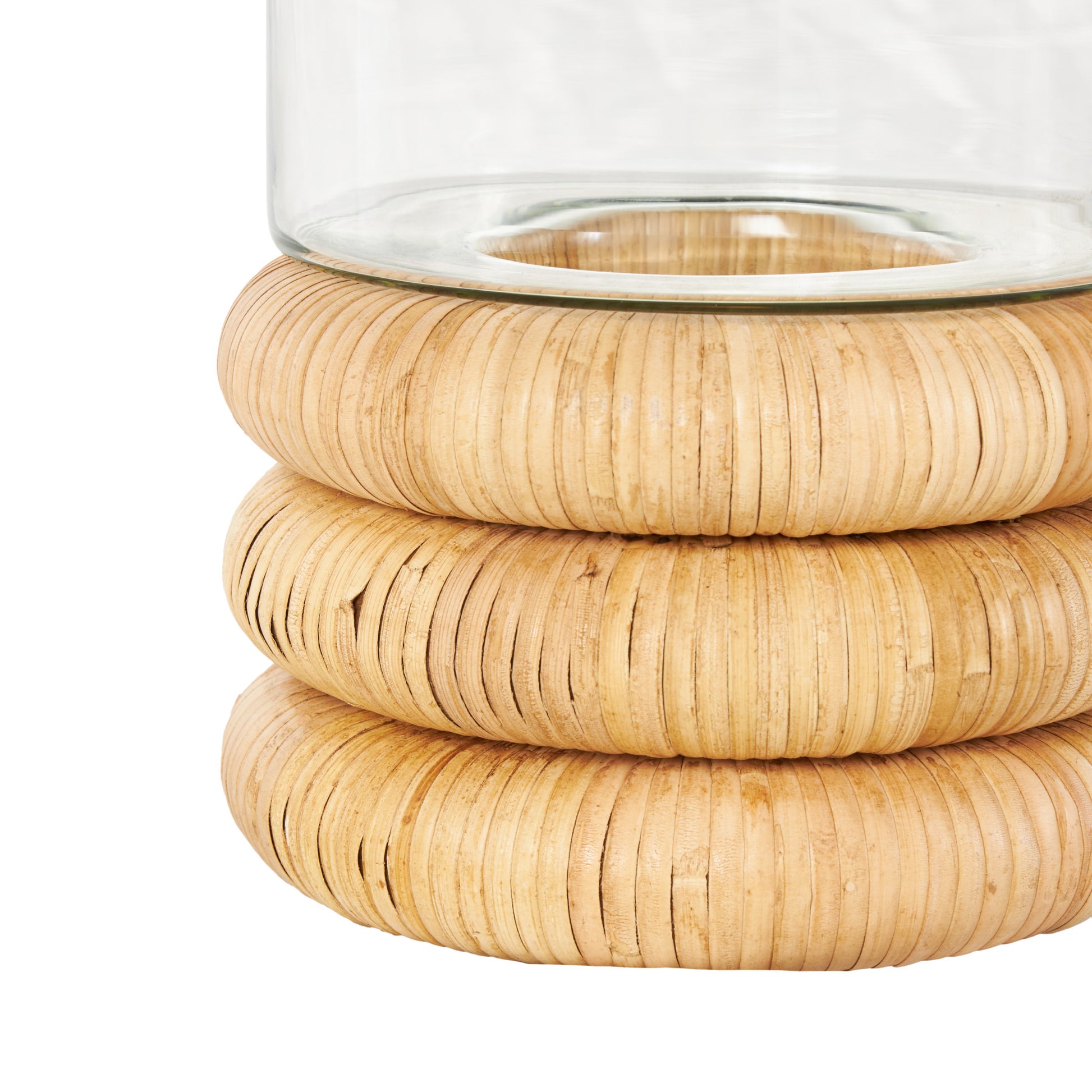 Clear Glass Round Room Hurricane Lamp with Light Brown Woven Base