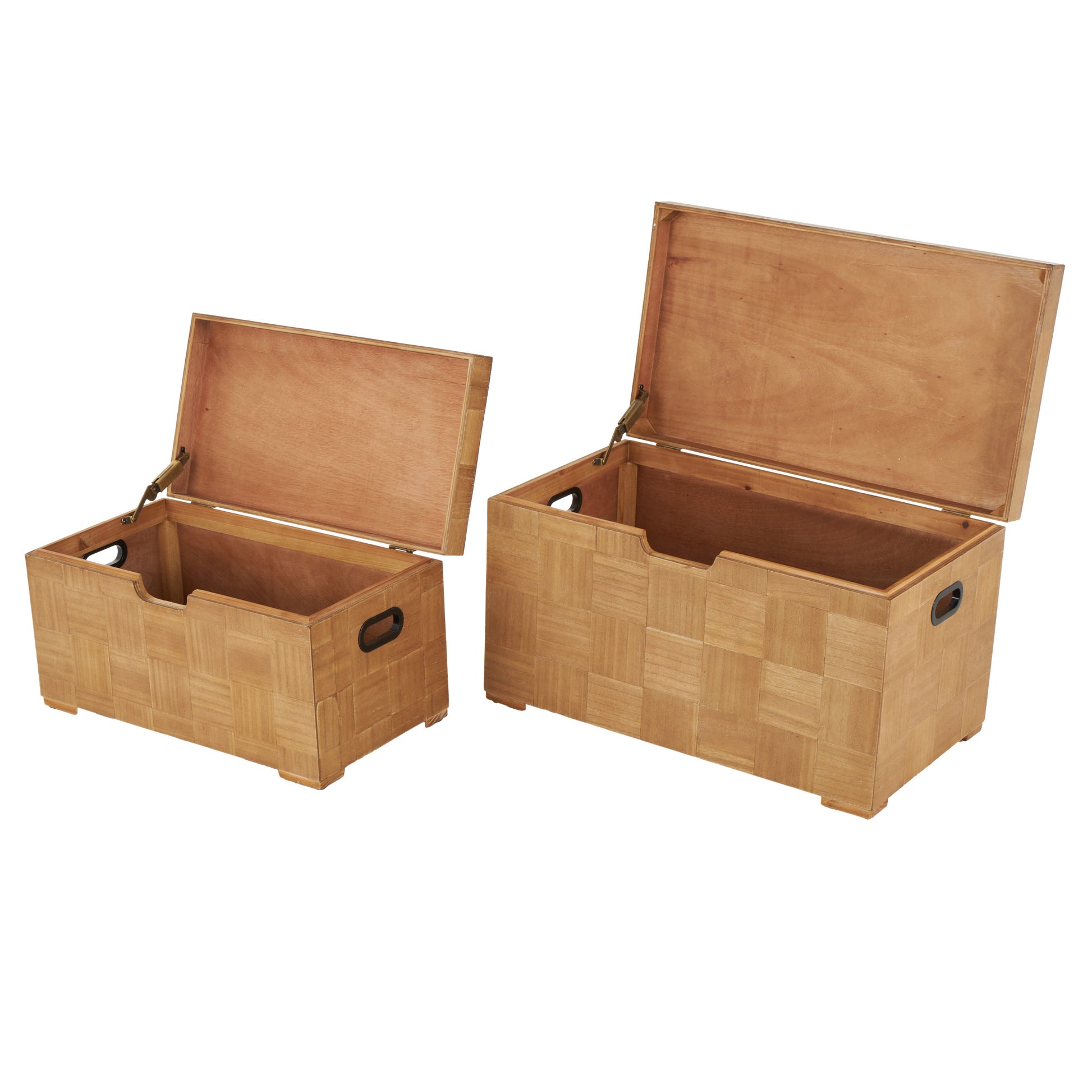 Set of 2 Brown Wood Handmade Decorative Trunk with Black Metal Accents and Square Patterns