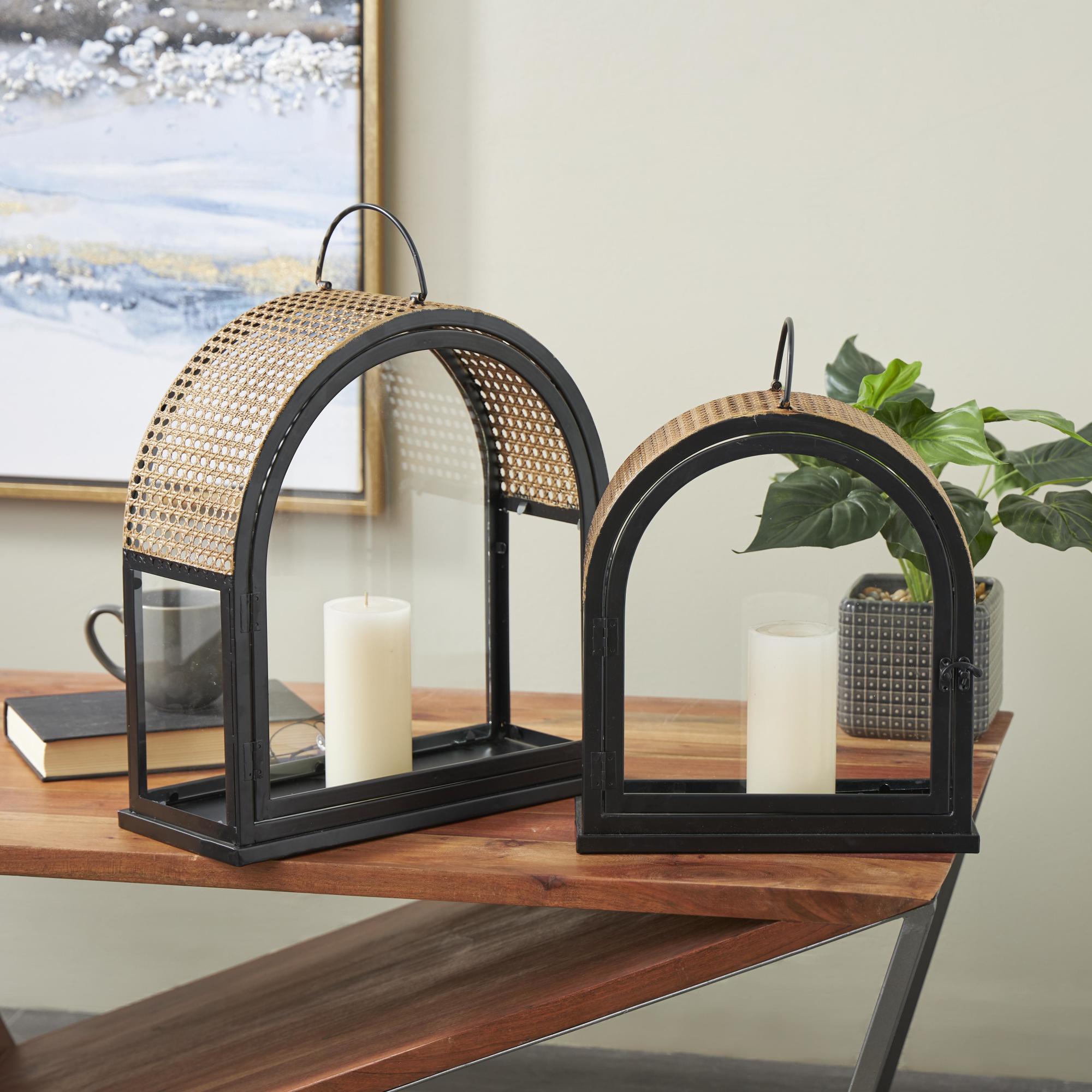 Set of 2 Black Metal Arched Indoor Outdoor Candle Lantern with Cane Inspired Gold Tops