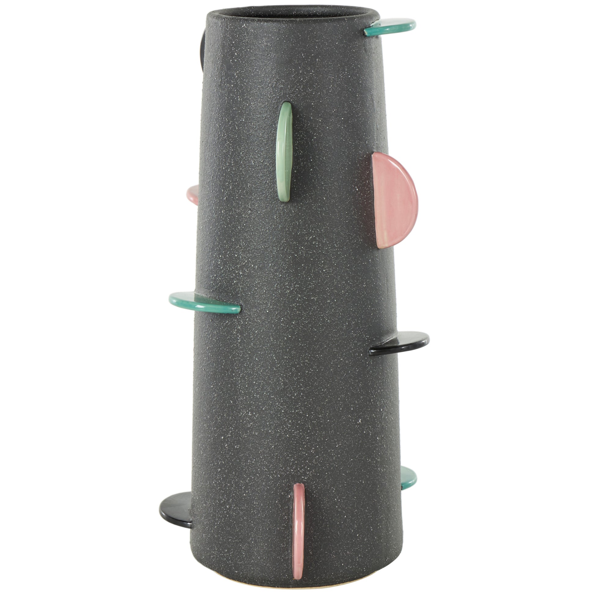 Black Ceramic Textured Decorative Vase with Multicolor Half-Moon Accents