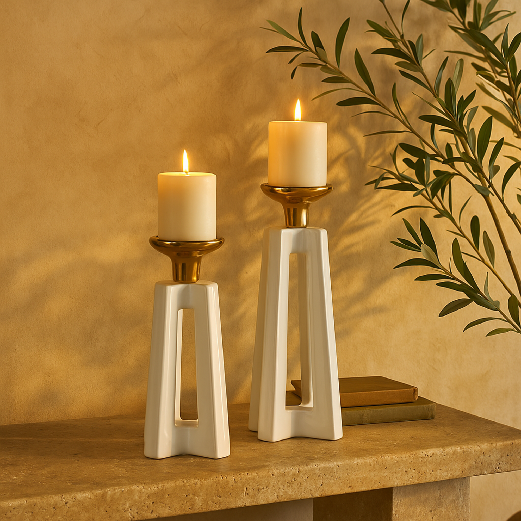 CosmoLiving by Cosmopolitan Set of 2 White Ceramic Decorative Candle Holder