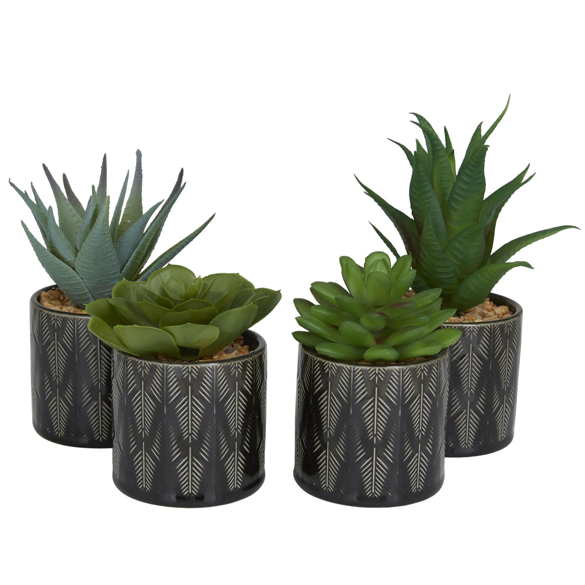 Set of 4 Succulent Green Faux Foliage Indoor Outdoor Artificial Plant with Realistic Leaves and Patterned Pot