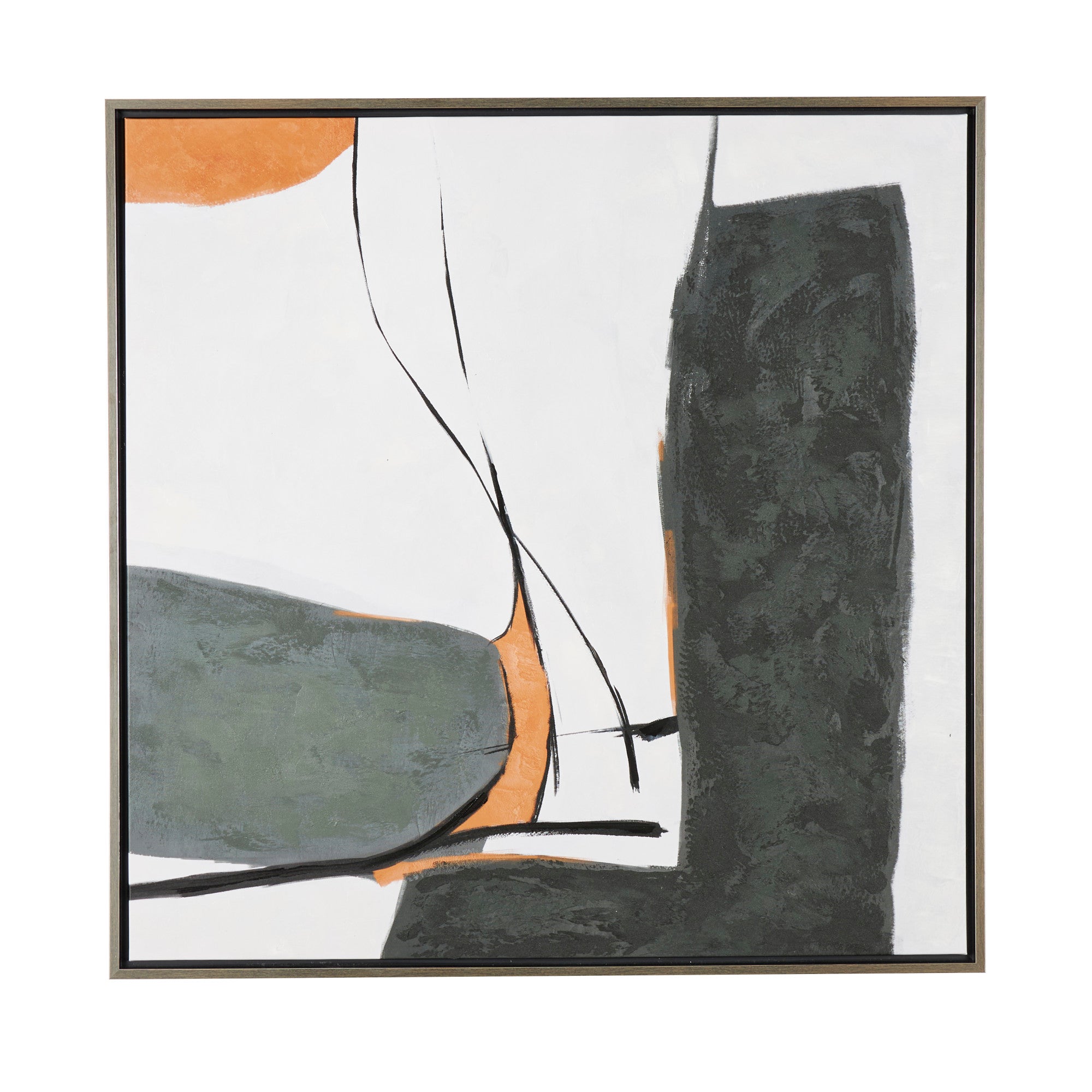 Abstract Green Canvas Line and Shape Living Room Framed Wall Art with Orange and Black Accents