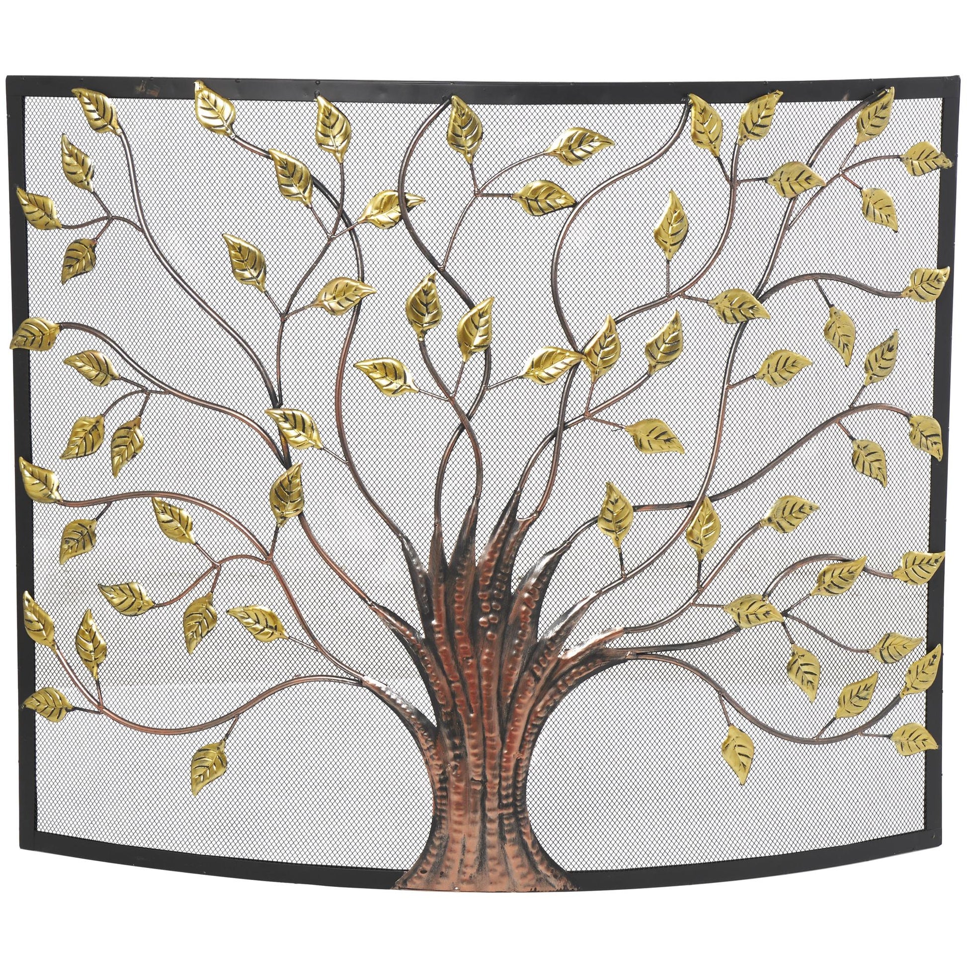 Tree Bronze Metal Sculpted Relief Single Panel Living Room Fireplace Screen with Curved Mesh Netting