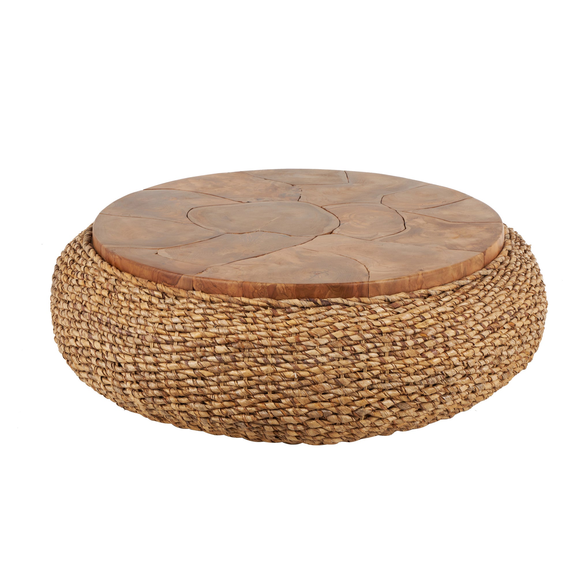 Brown Rattan Wrapped Living Room Coffee Table with Teak Tabletop