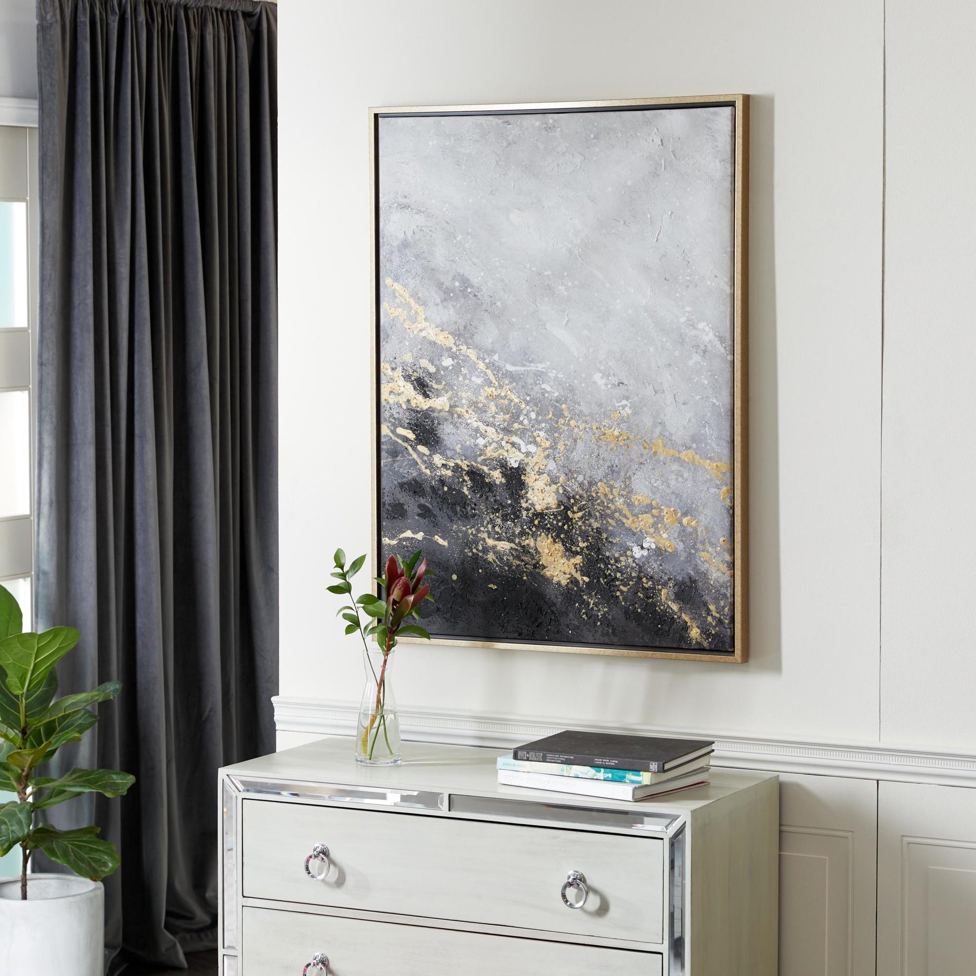 Geode Black Canvas Abstract Living Room Framed Wall Art with Gold Foil Accents