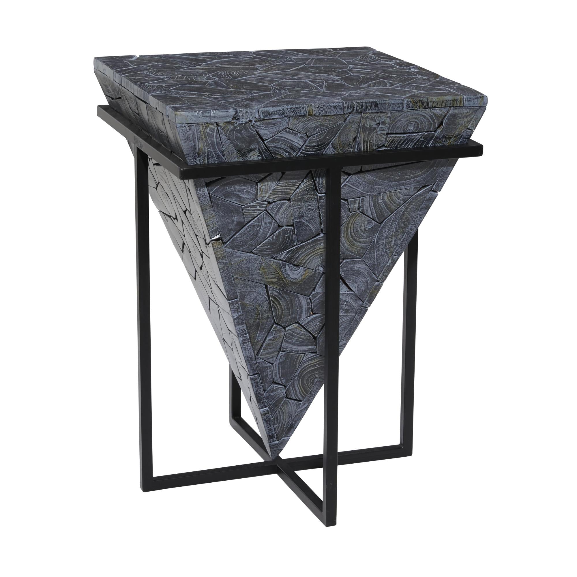 Geometric Teak Wood Handmade Inverted Pyramid Side End Accent Table with Black Metal Base 17" x 17" x 22"