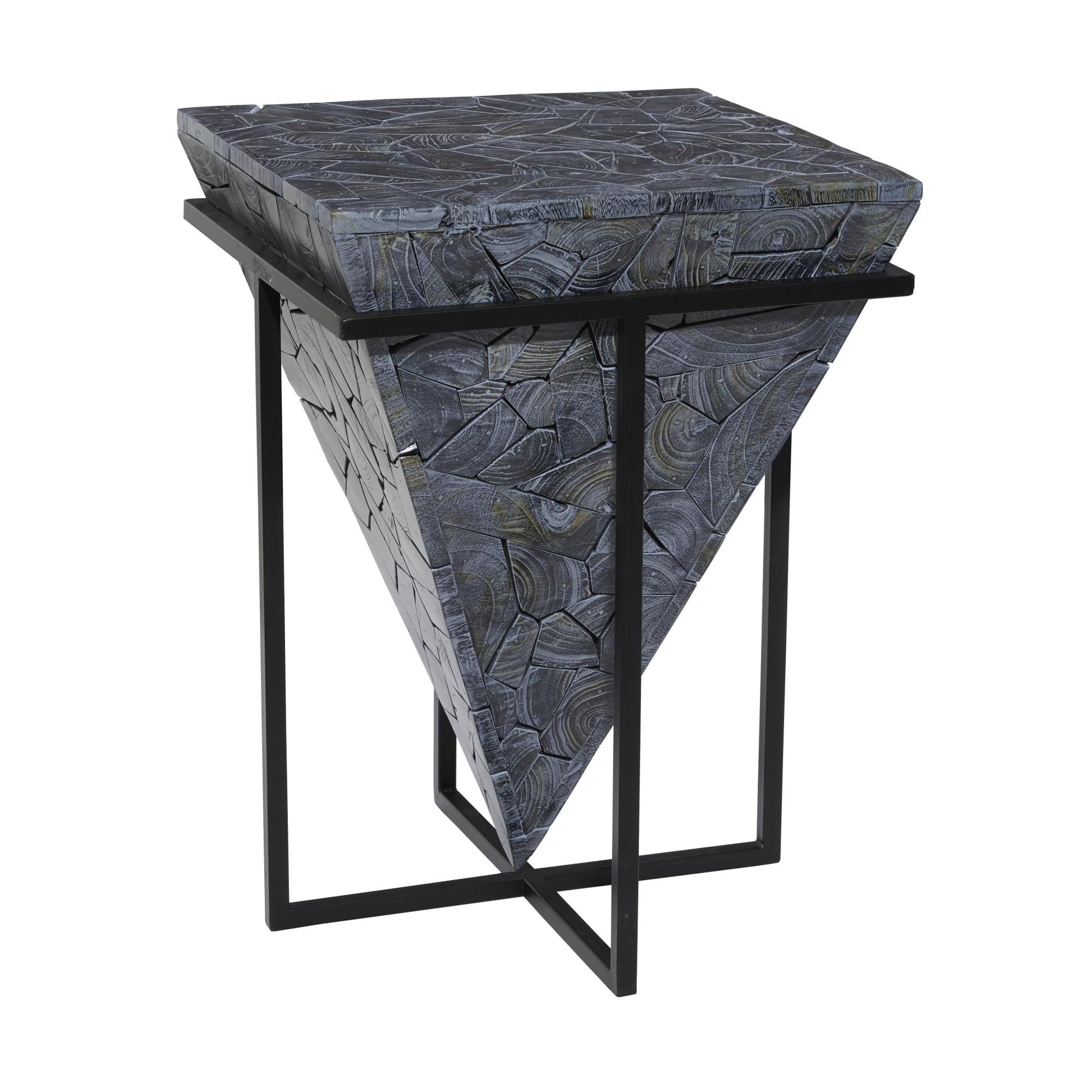 Geometric Teak Wood Handmade Inverted Pyramid Side End Accent Table with Black Metal Base 17" x 17" x 22"