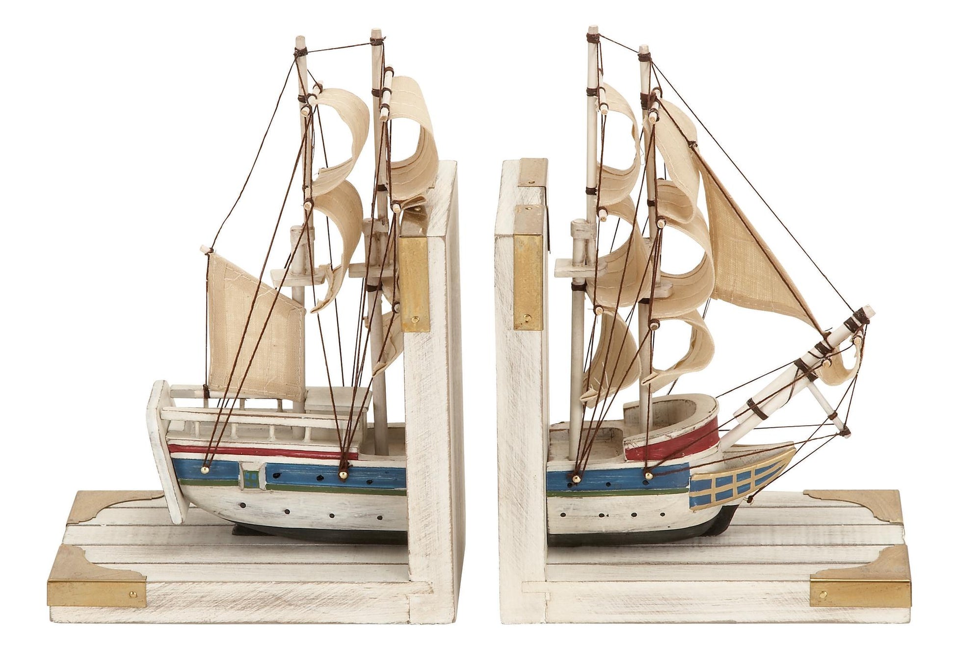 Set of 2 Sail Boat White Wood Decorative Bookends with Real Boat Rigging and Gold Corners