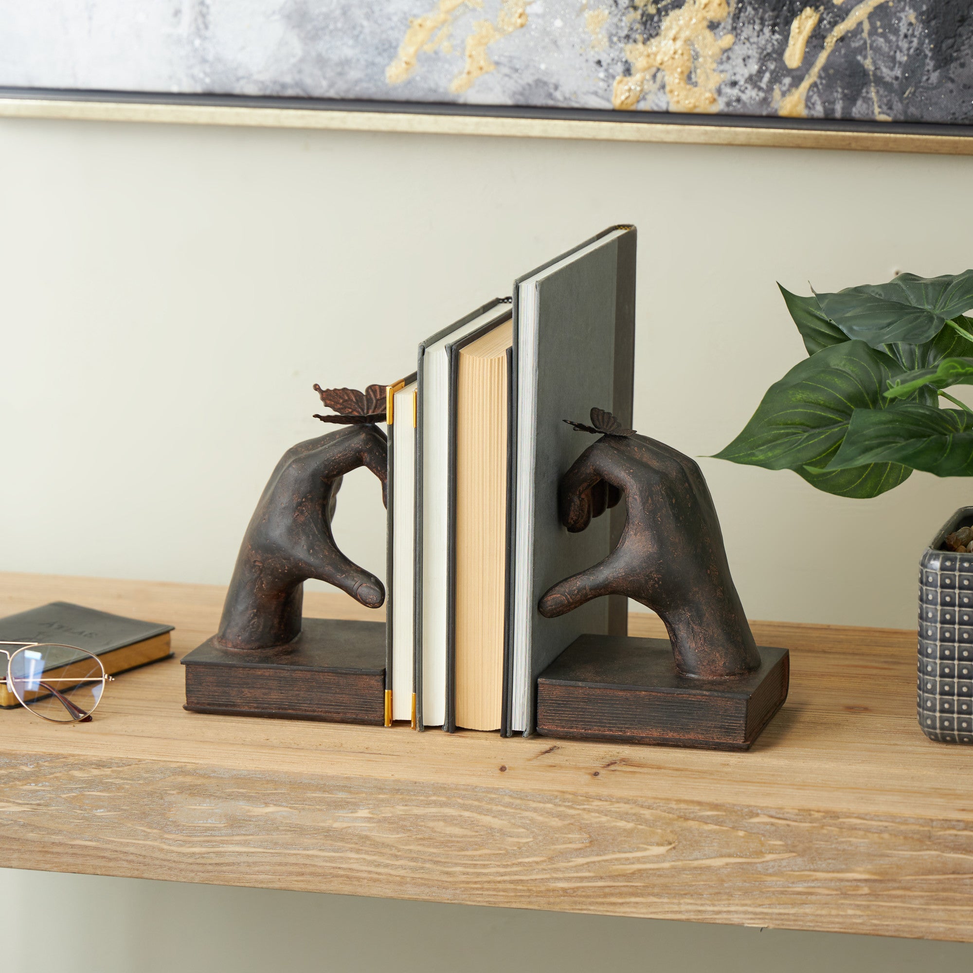 Set of 2 Hands Dark Brown Resin Heart Inspired Decorative Bookends with Butterfly and Copper Accents