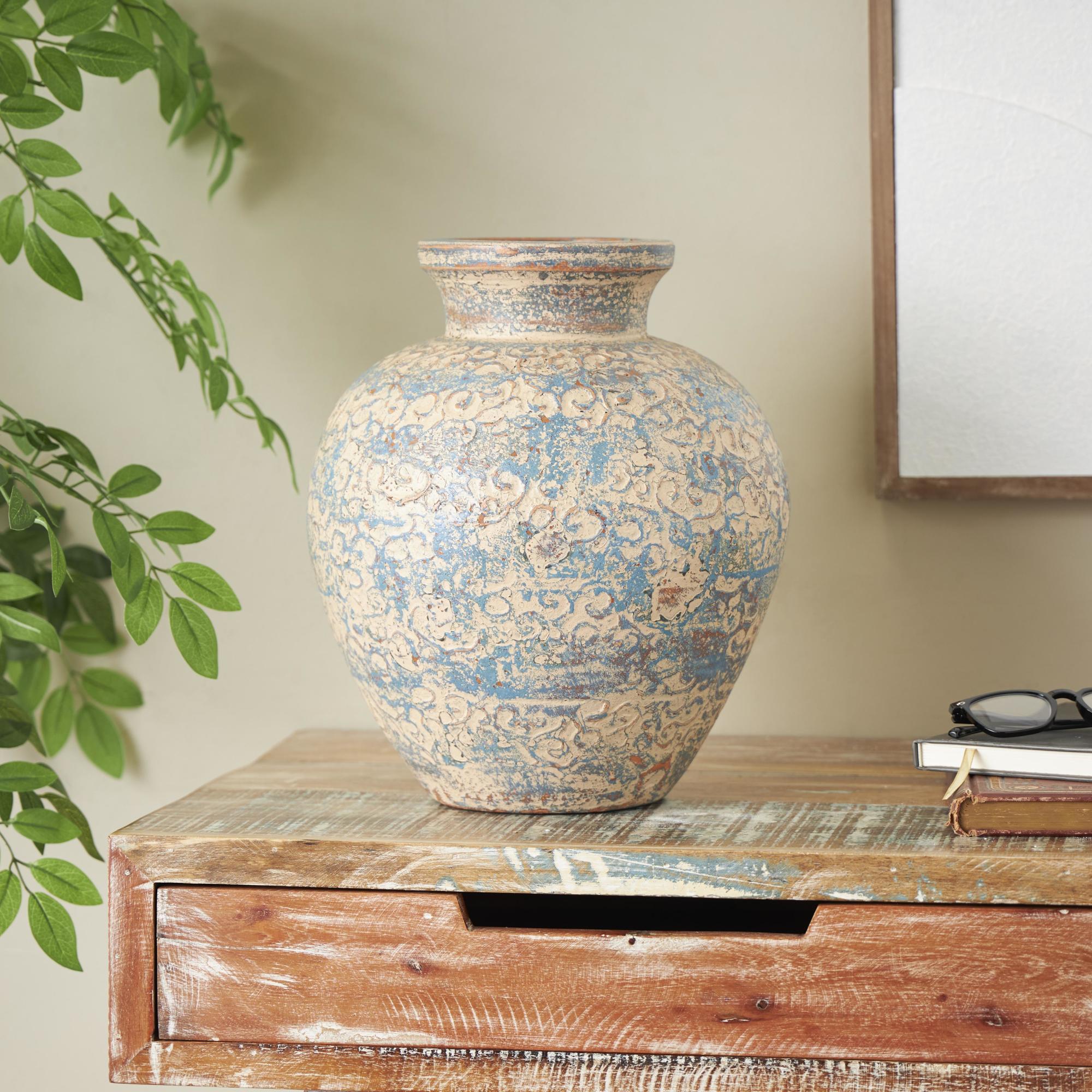 Scroll Beige Ceramic Handmade Antique Style Wide Rounded Decorative Vase with Blue and Copper Accents