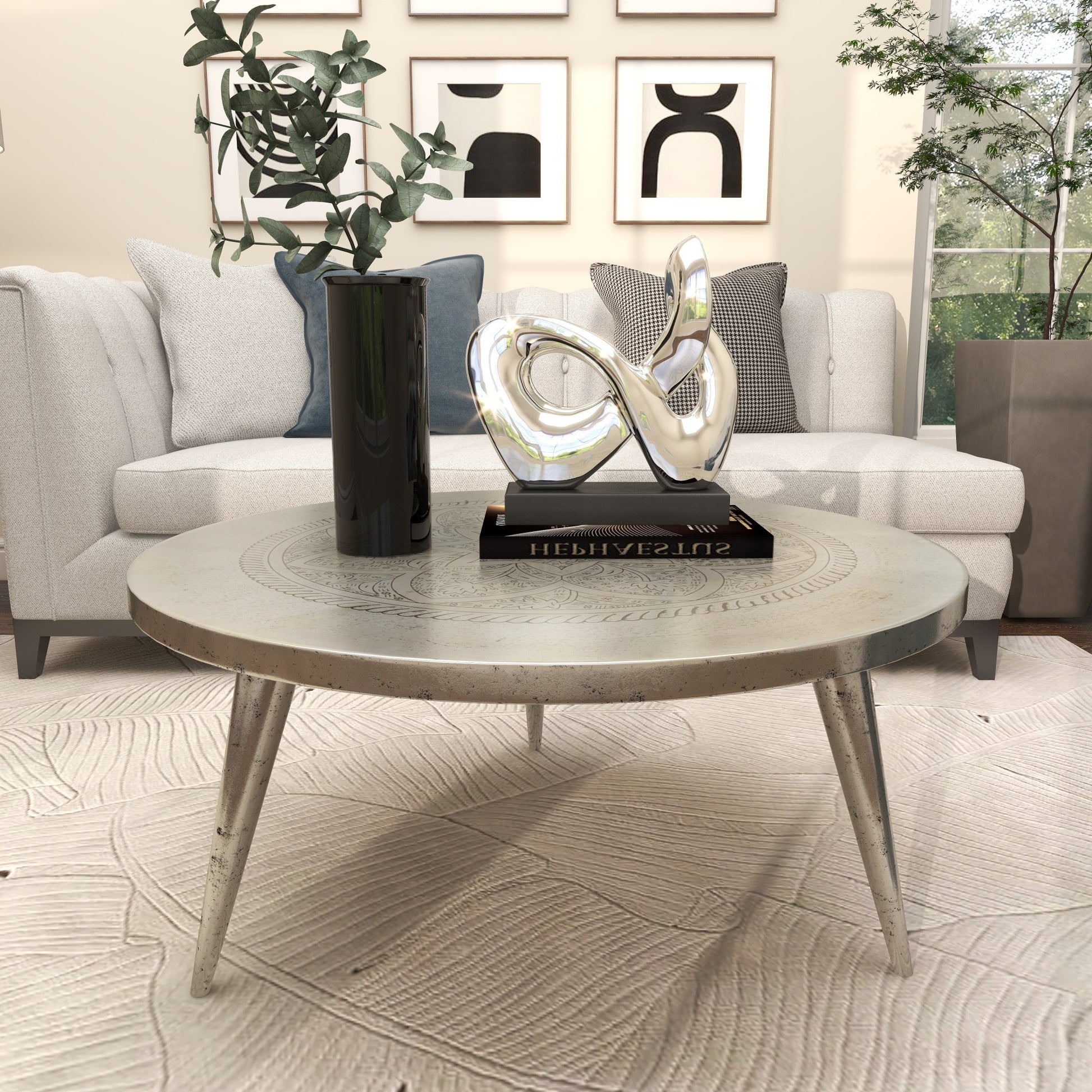 Floral Silver Aluminum Metal Engraved Living Room Coffee Table with Tripod Legs