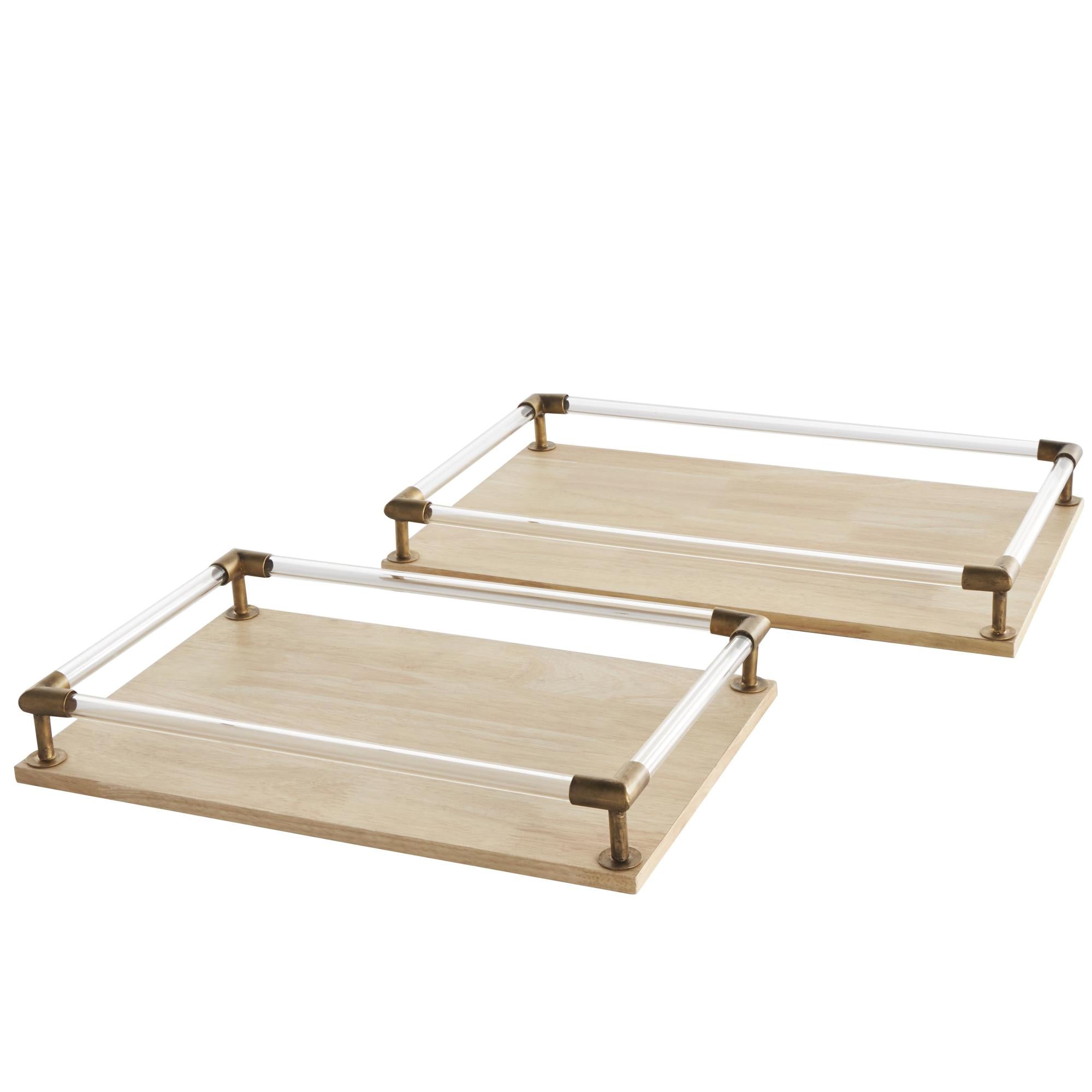 Set of 2 Light Brown Mango Wood Living Room Decor Tray with Copper Metal Edges and Acrylic Sides
