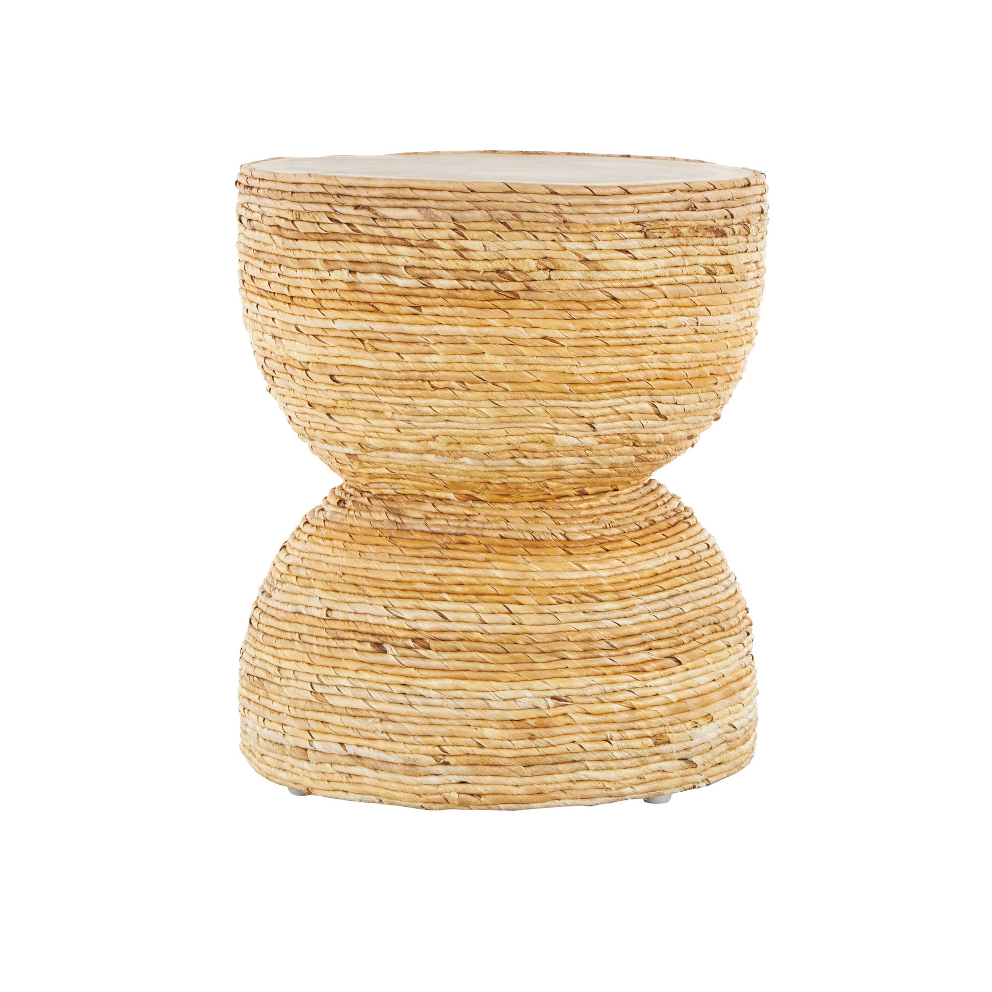 Light Brown Banana Leaf Handmade Woven Side End Accent Table with Wooden Tabletop