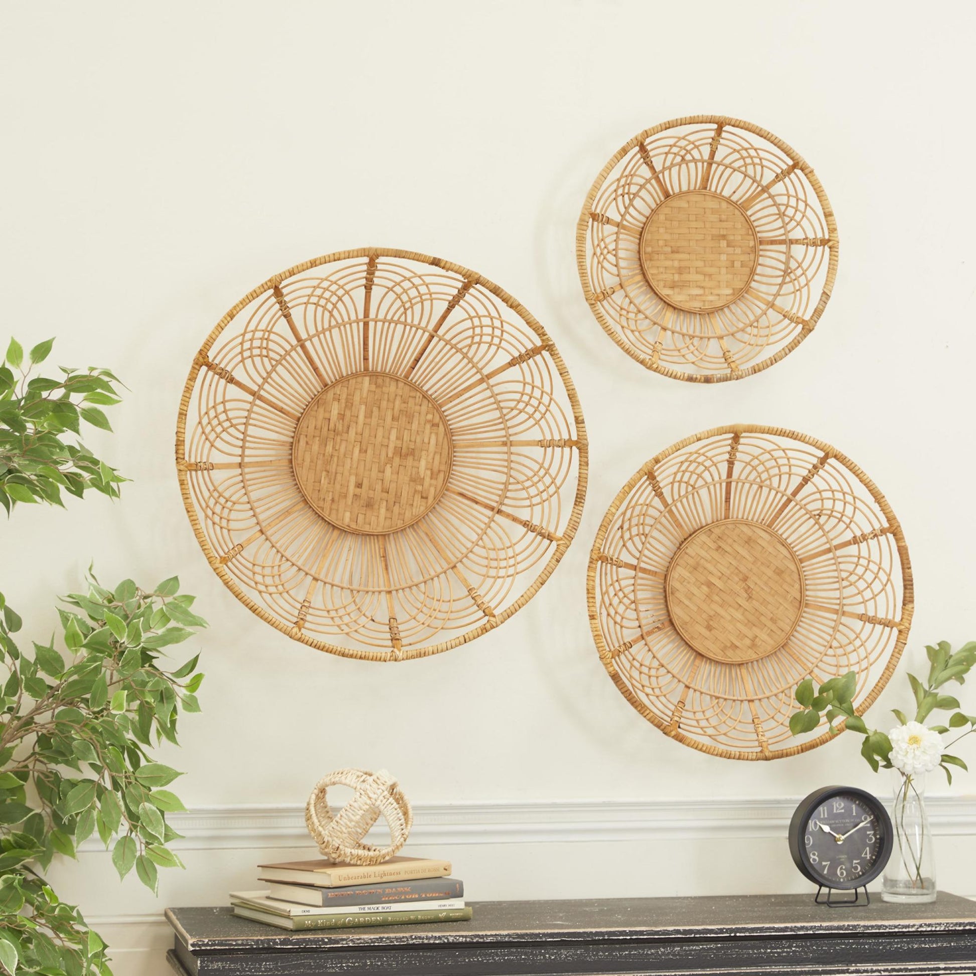 Set of 3 Plate Brown Wood Handmade Floral Basket Home Wall Decor