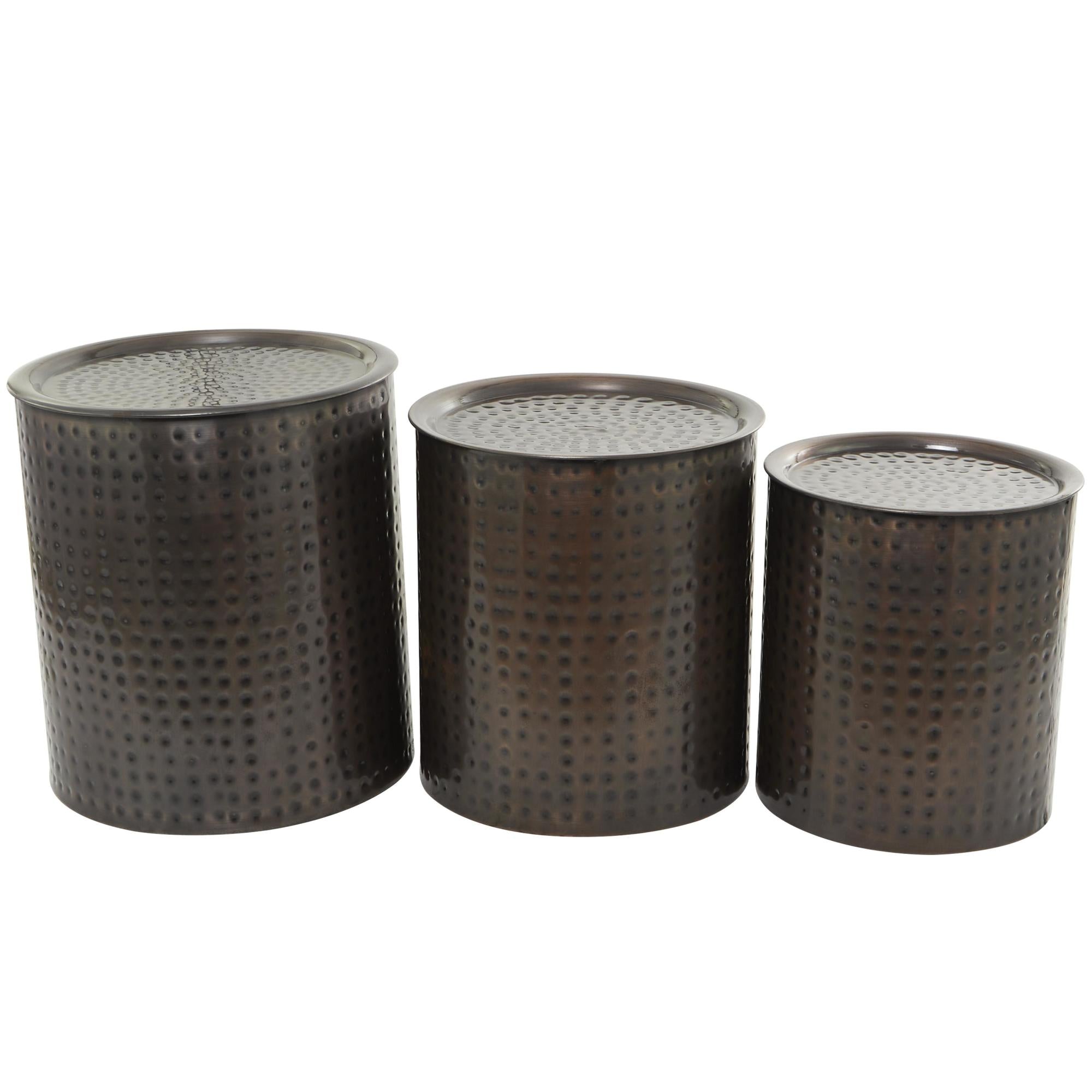 Set of 3 Drum Bronze Metal Handmade Side End Accent Table with Hammered Design