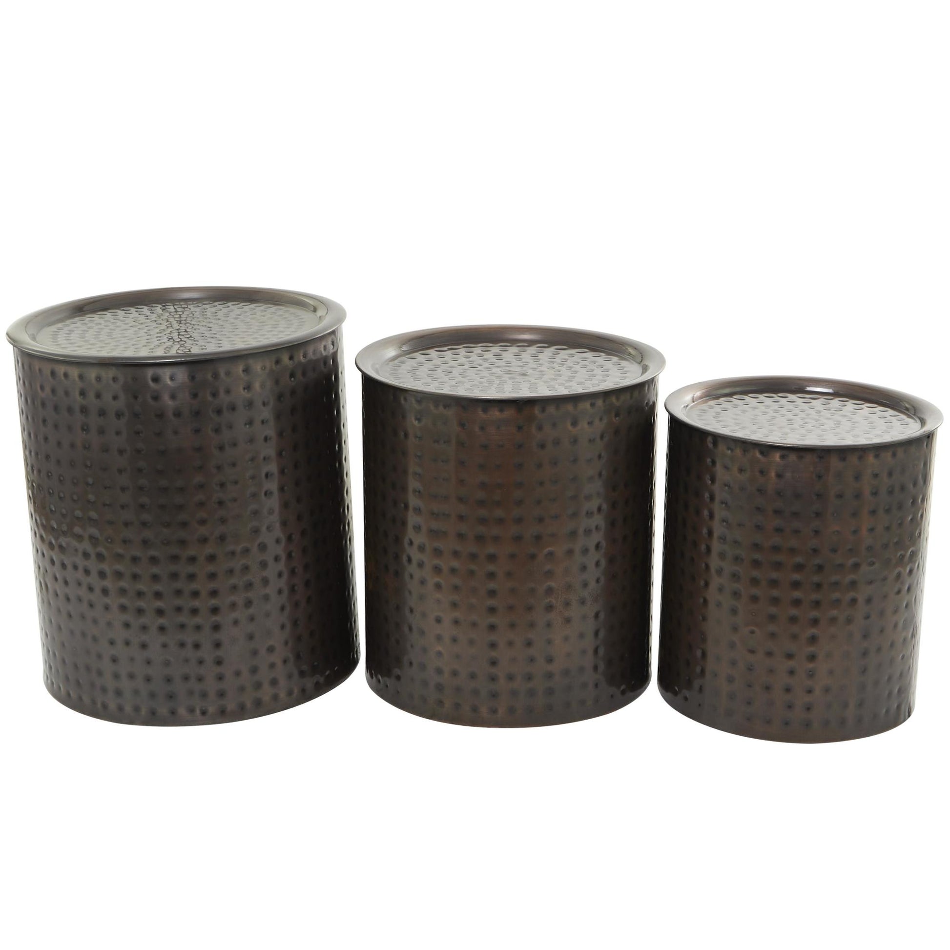 Set of 3 Drum Bronze Metal Handmade Side End Accent Table with Hammered Design