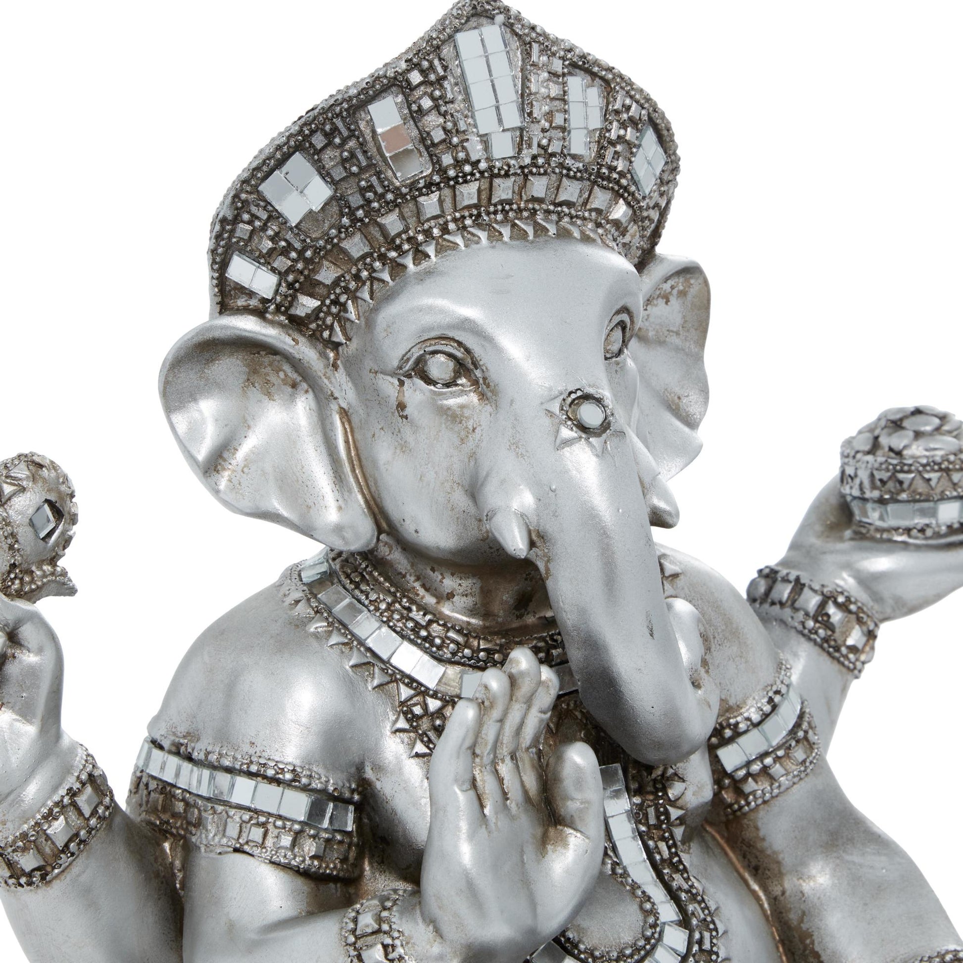 Ganesh Silver Polystone Meditating Decorative Sculpture with Engraved Carvings and Relief Detailing