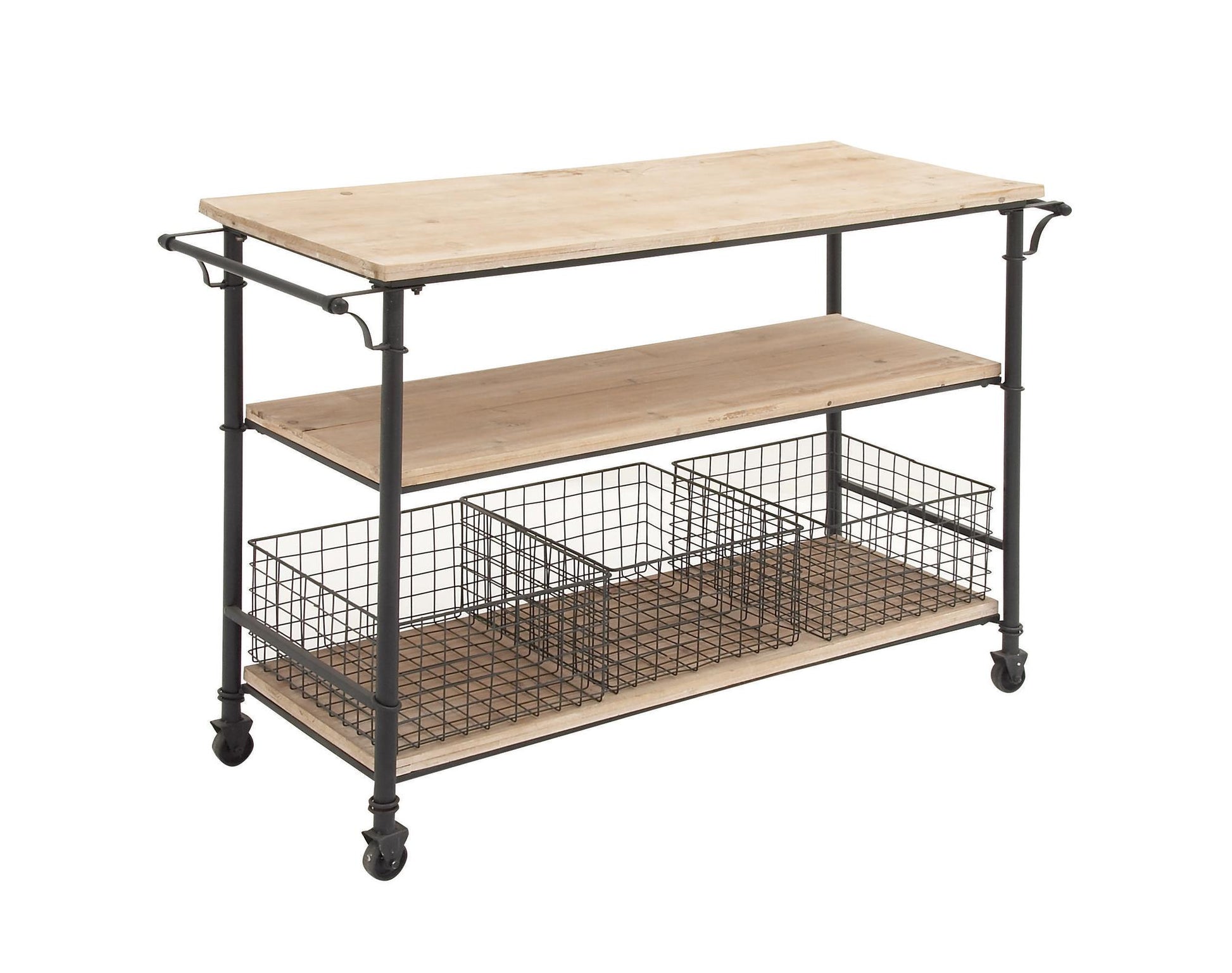 Brown Wood Rolling Cart 3 Drawer Room Storage Unit with Black Wire Baskets