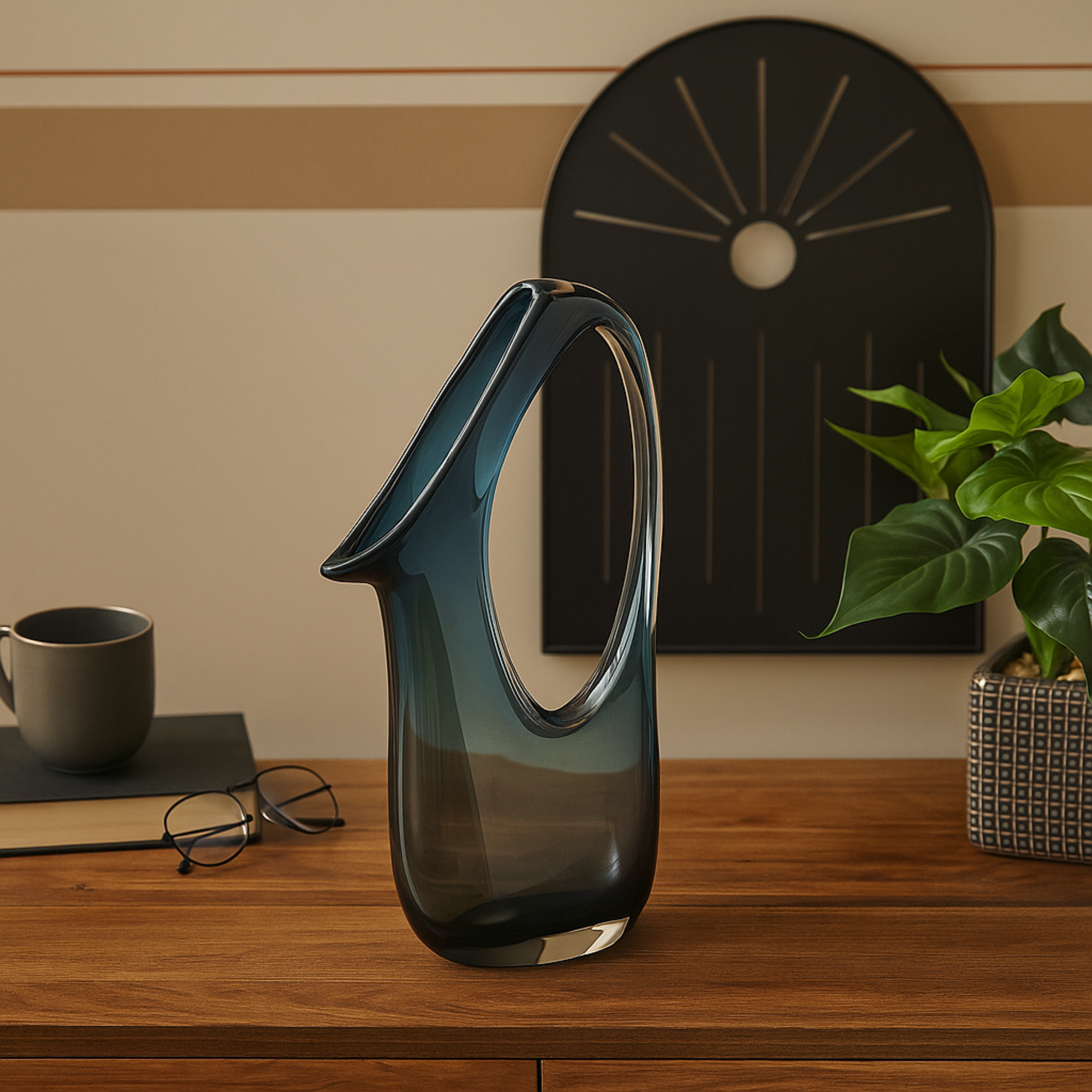 Abstract Blue Glass Ombre Decorative Vase with Cutout Handle and Elongated Opening