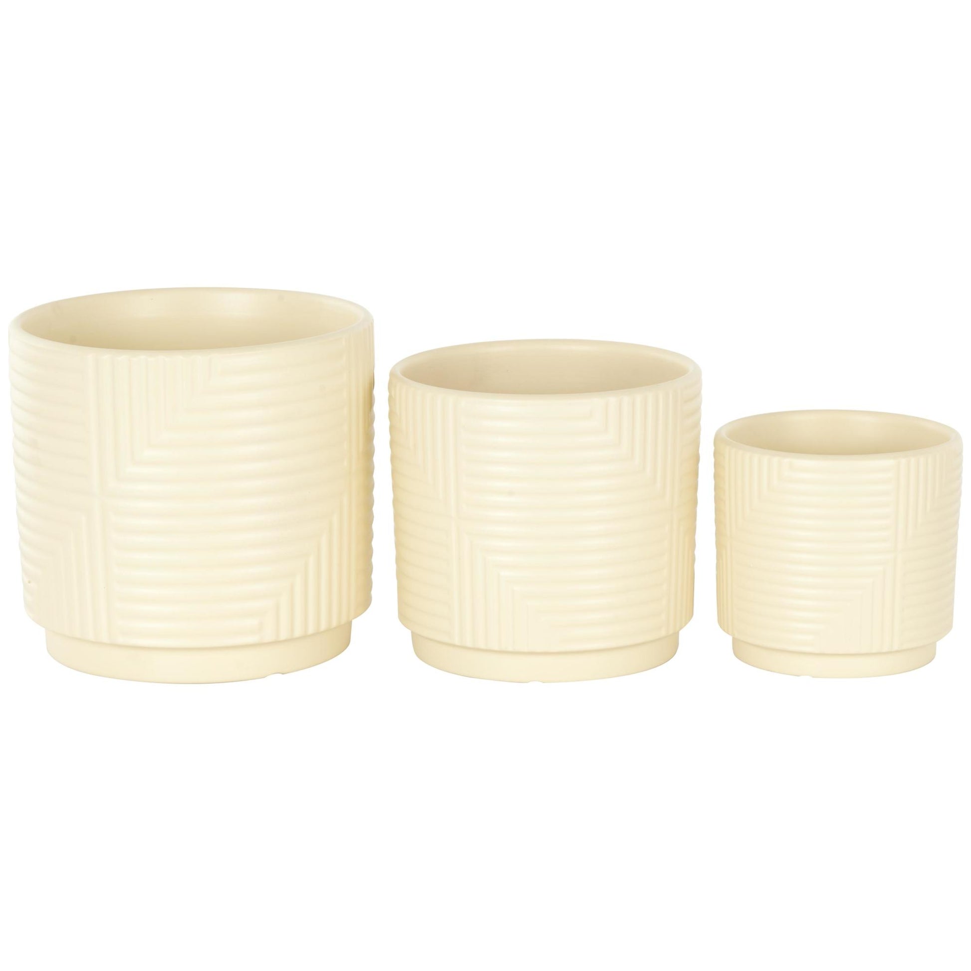 Set of 3 Geometric Ceramic Indoor Outdoor Planter with Layered Square Shaped Grooves