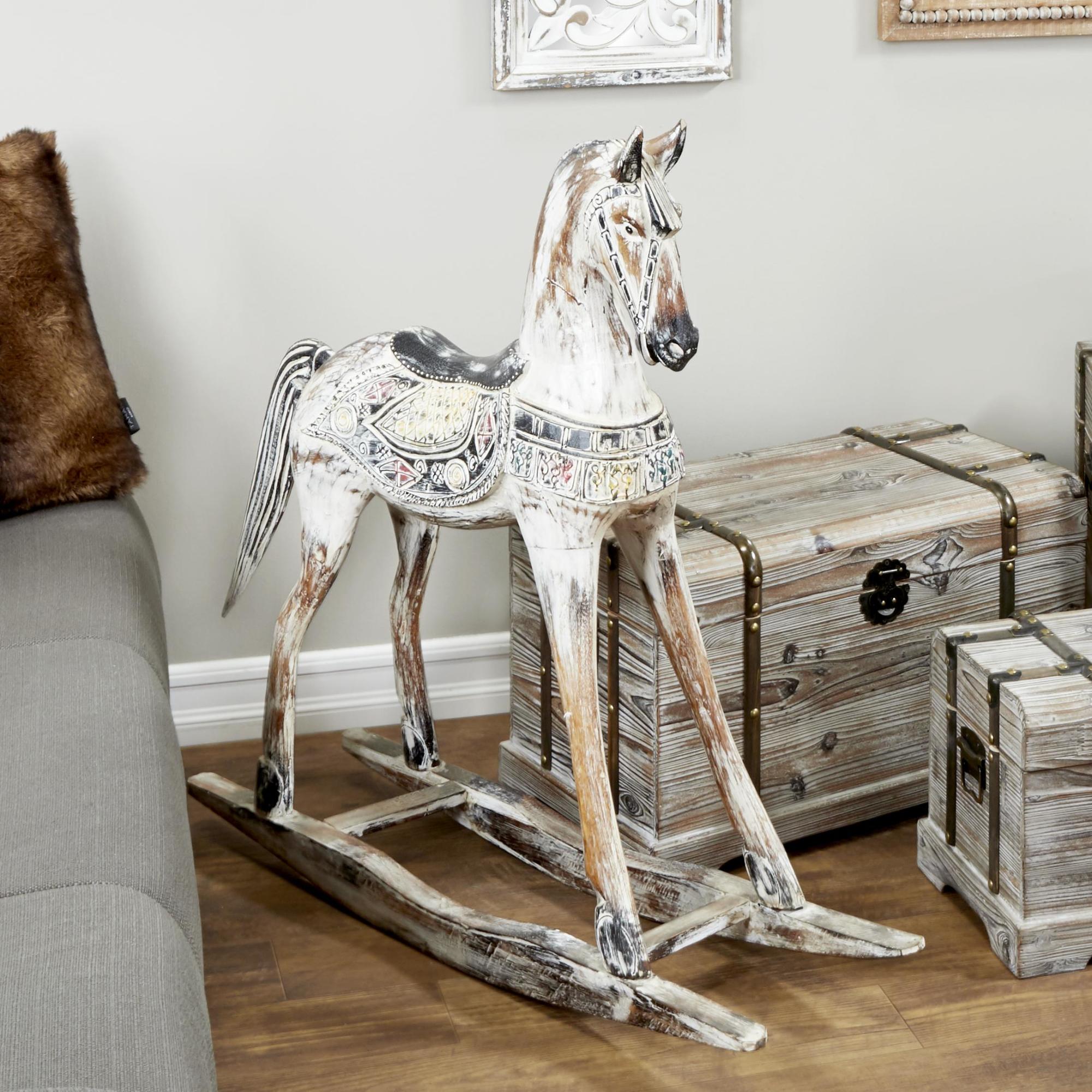 Horse Beige Wood Rocking Decorative Sculpture with Brown Distressing and Colorful Accents