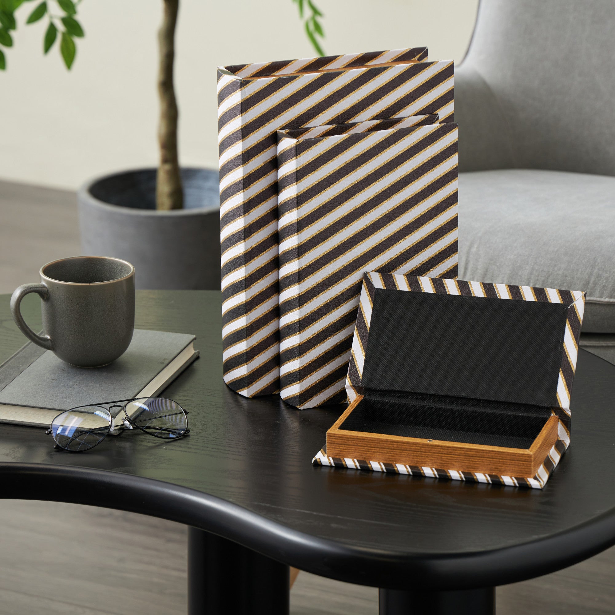 Set of 3 Black Faux Leather Striped Faux Book Storage Decorative Box with White and Metallic Gold Accents