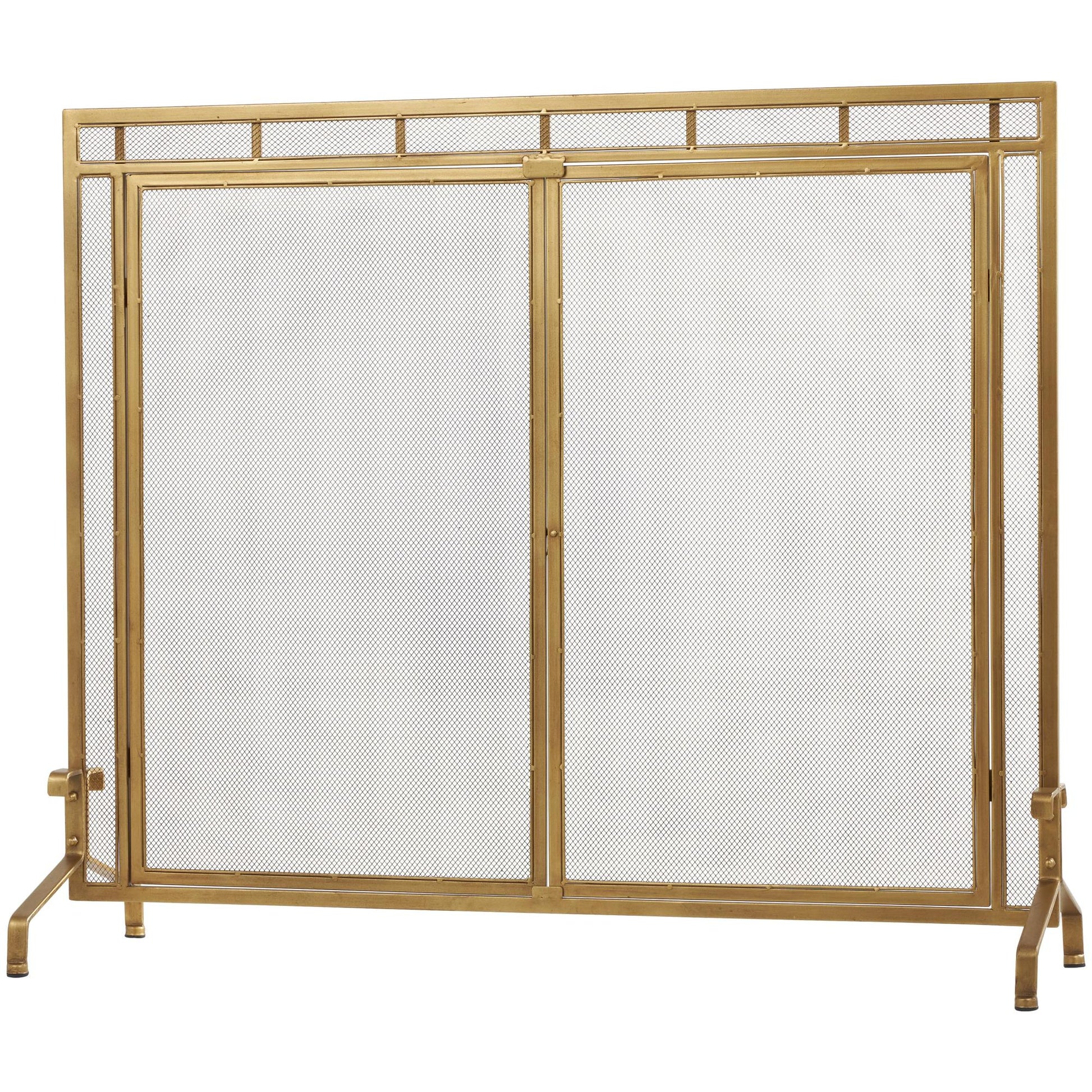 Gold Metal Geometric Single Panel Living Room Fireplace Screen with Latched Doors and Arched Feet