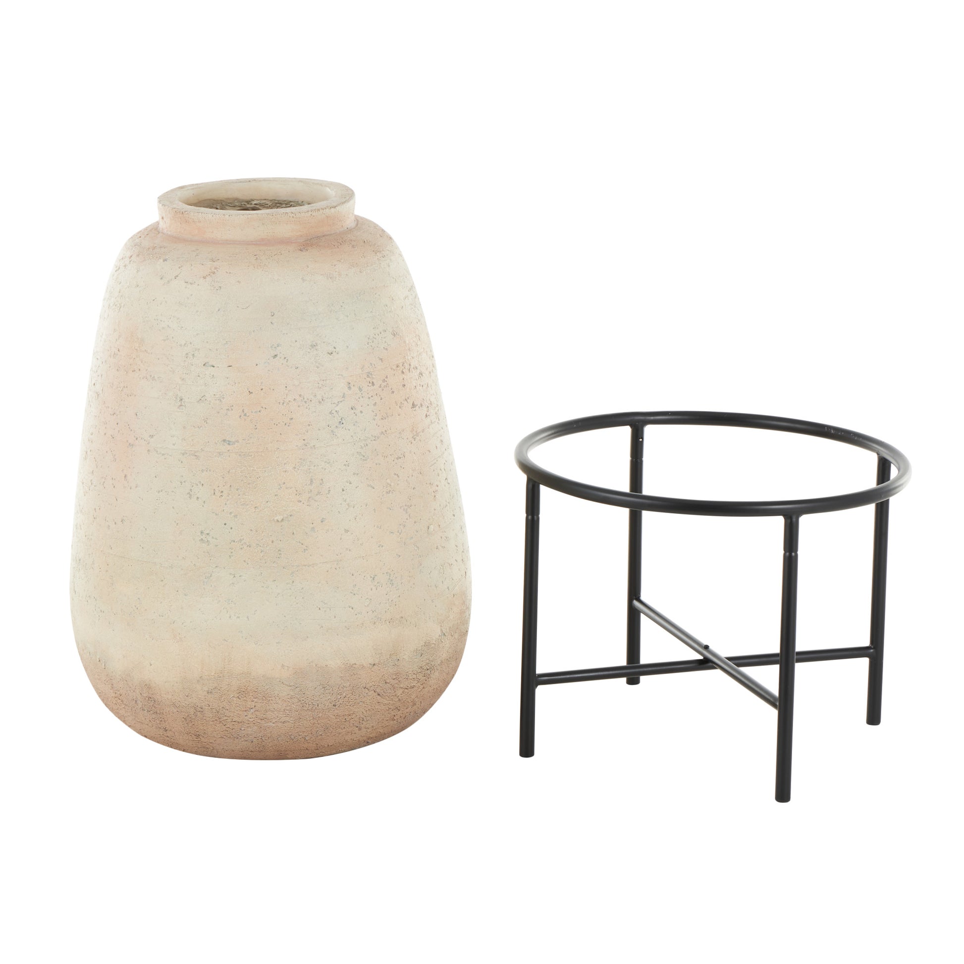 Beige Magnesium Oxide Wide Decorative Vase with Black Metal Stand