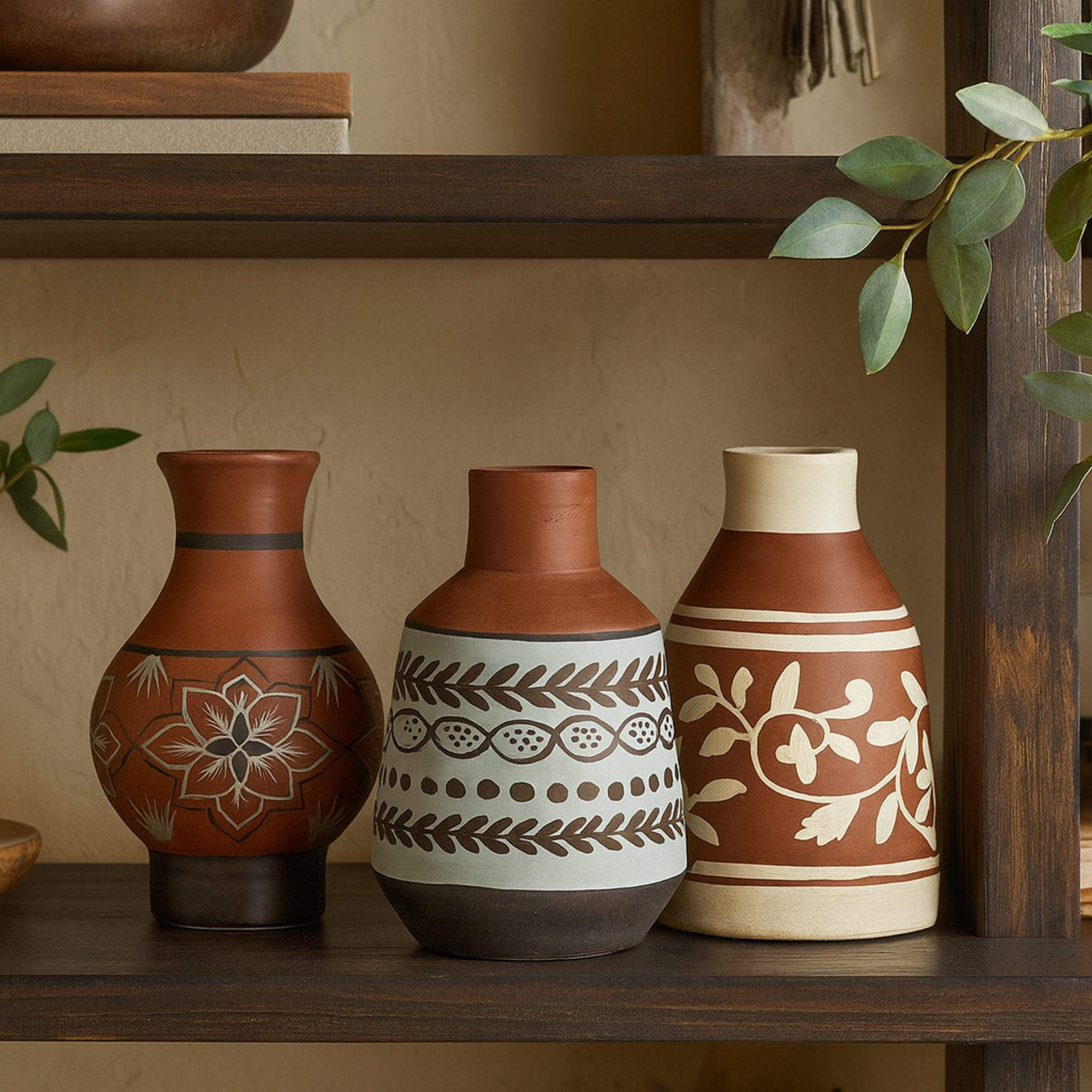 Set of 3 Floral Orange Ceramic Decorative Vase with 3 Different Patterns and Shapes