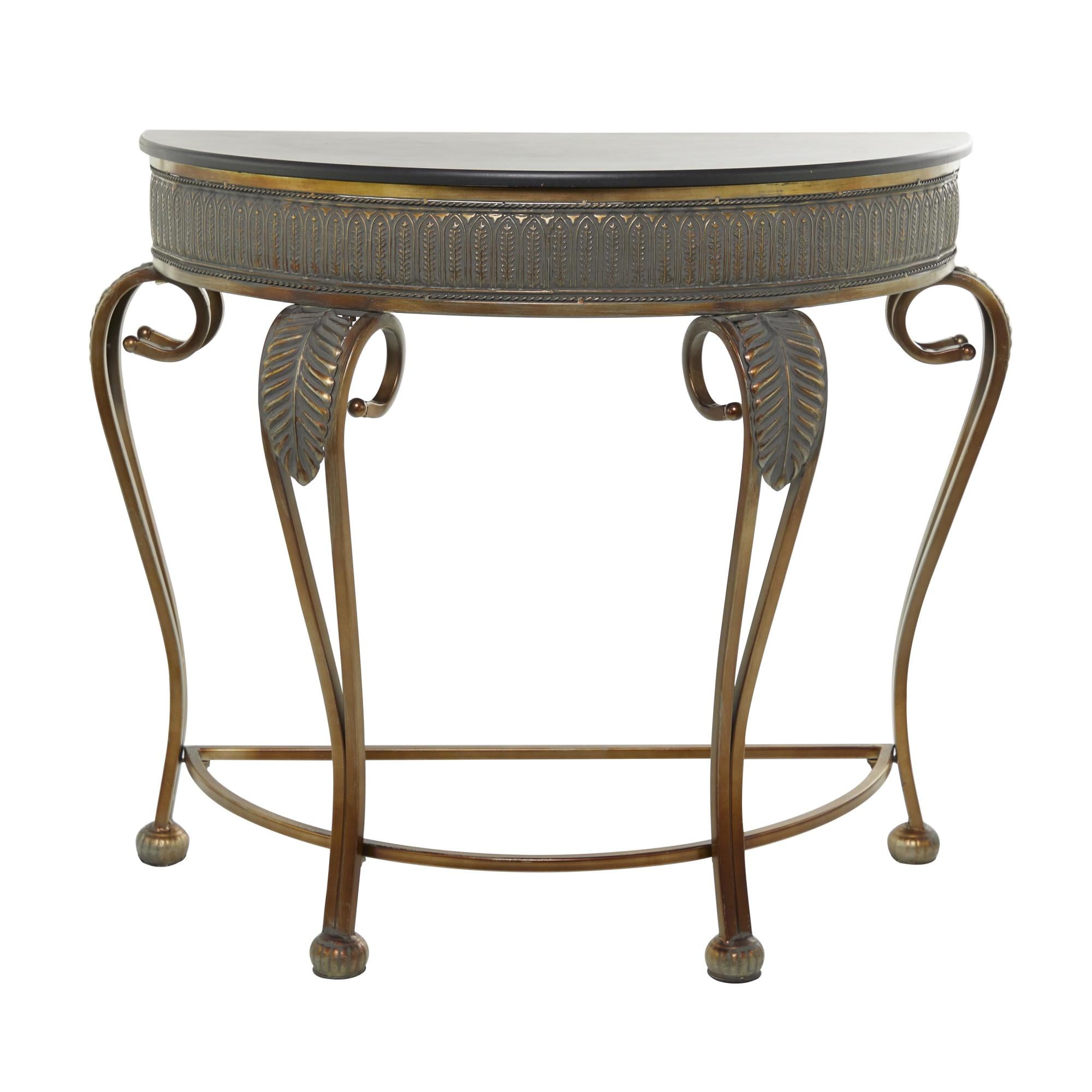 Leaf Gold Metal Embossed Living Room Console Table with Ornate Scroll Legs