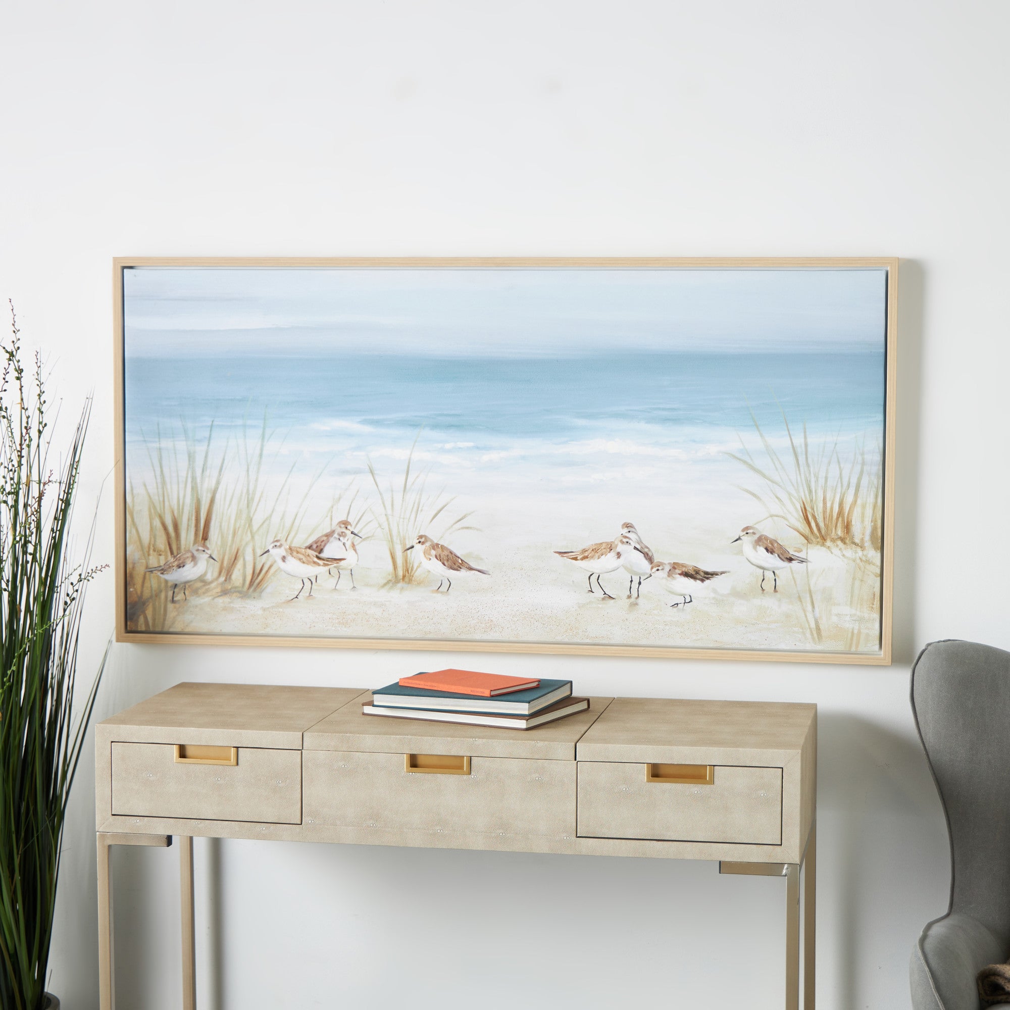 Bird Blue Canvas Living Room Framed Wall Art with Brown Wood Frame