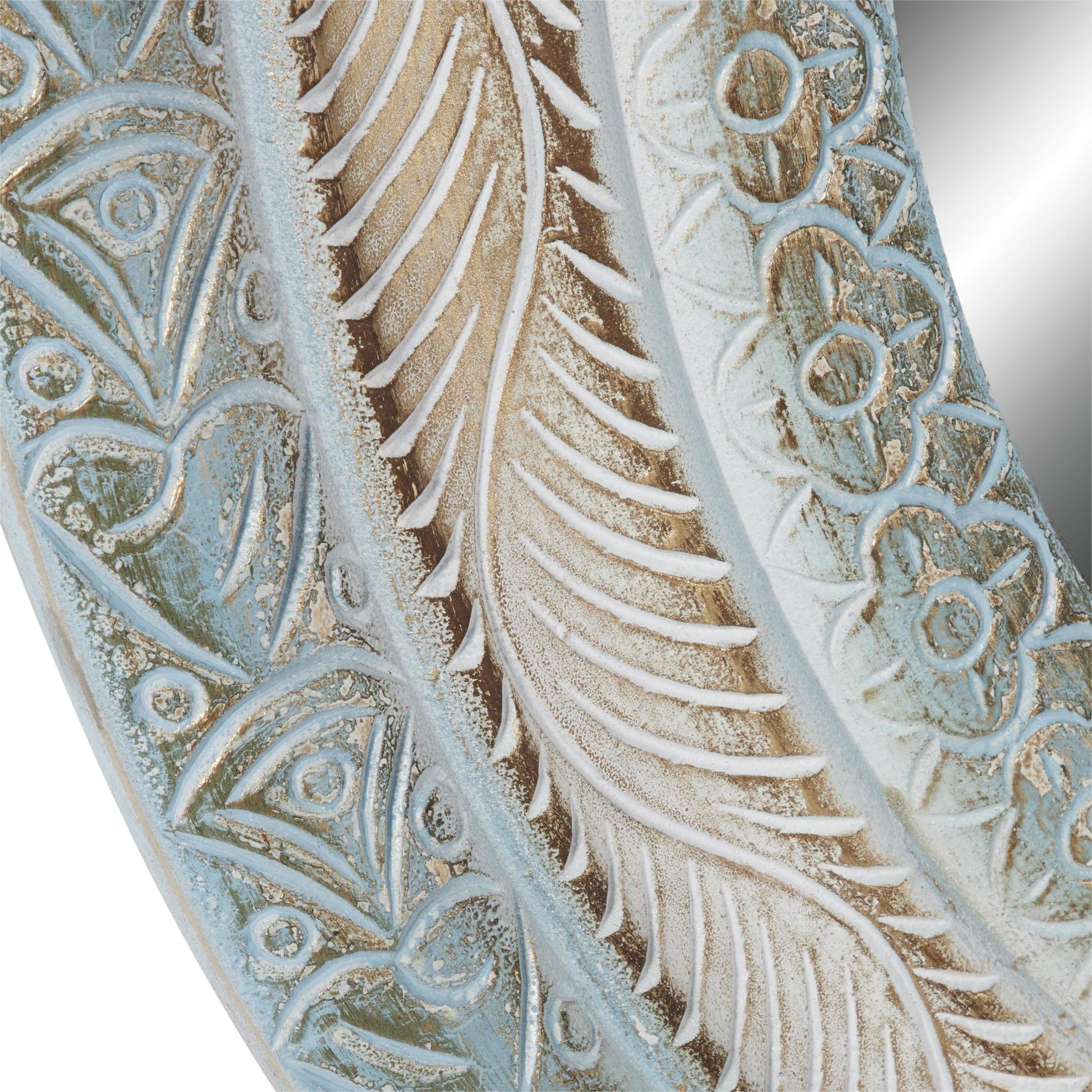 Floral Blue Wooden Distressed Carved Room Wall Mirror with Gold and Beige Accents