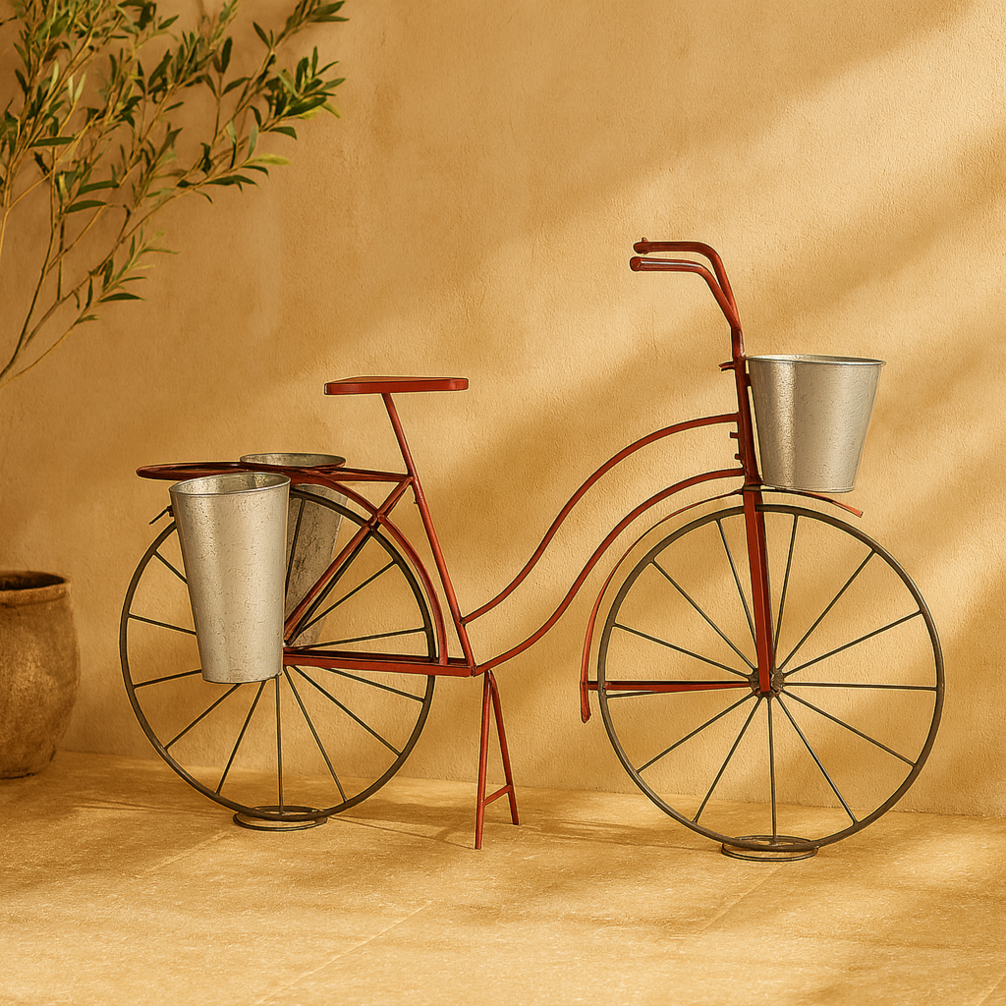 Bike Red Metal Indoor Outdoor Plantstand with Silver Basket and Saddle Bag Planters