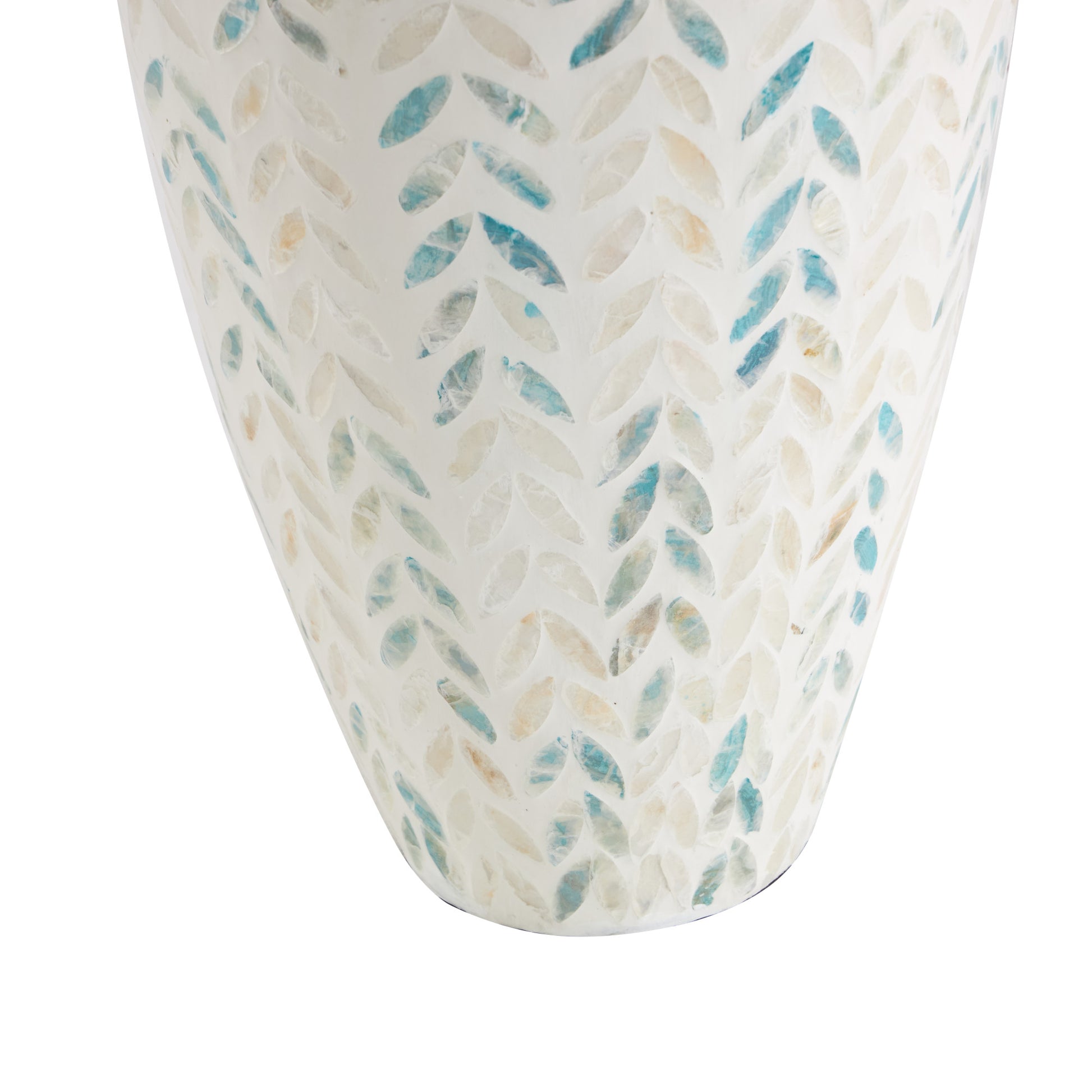 Leaf Cream Mother of Pearl Shell Handmade Tall Mosaic Decorative Vase with Blue Accents