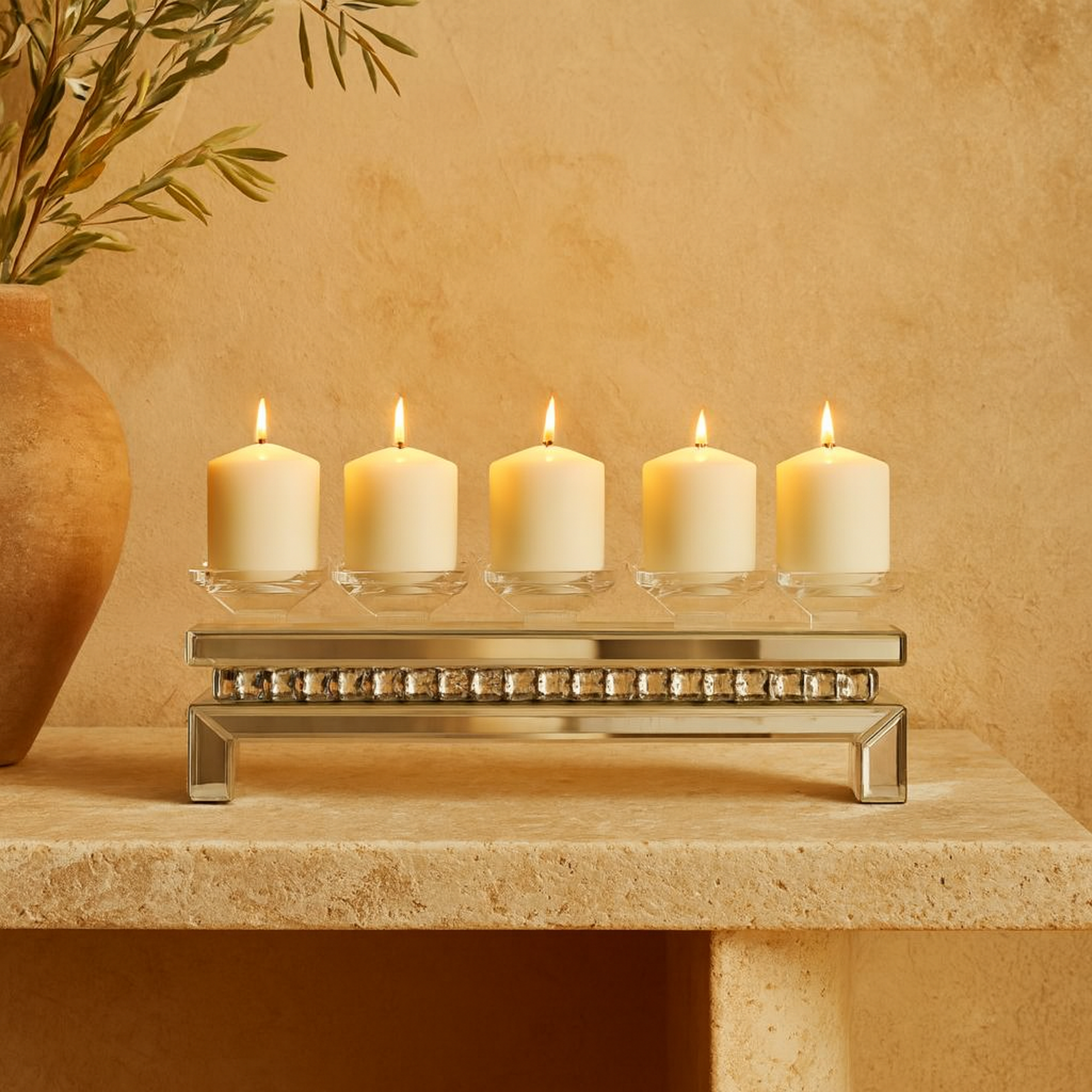 Silver Wooden Pillar 5 Plate Decorative Candelabra with Mirrored Accents