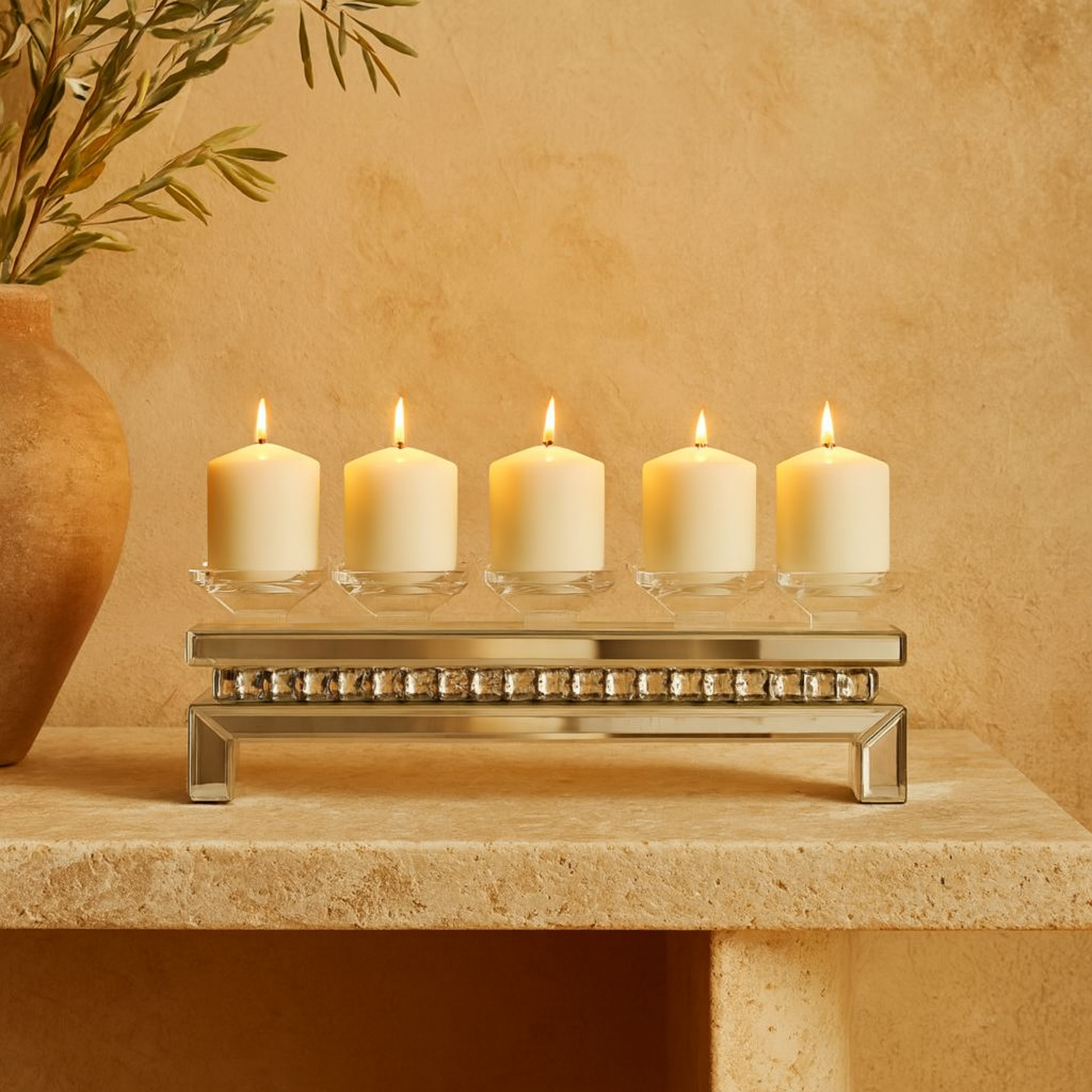 Silver Wooden Pillar 5 Plate Decorative Candelabra with Mirrored Accents