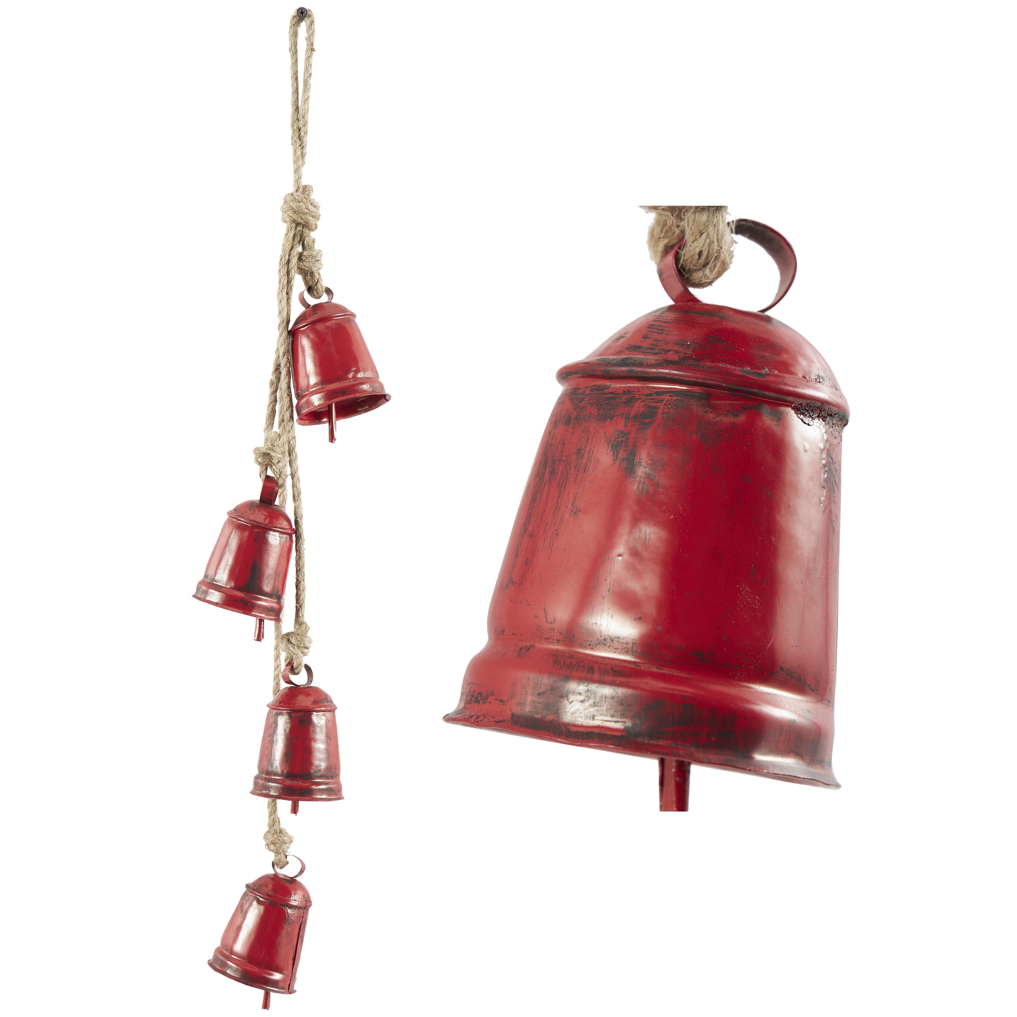 Metal Handmade Tibetan Inspired Indoor Outdoor Decorative Cow Bells with 4 Bells on Jute Hanging Rope