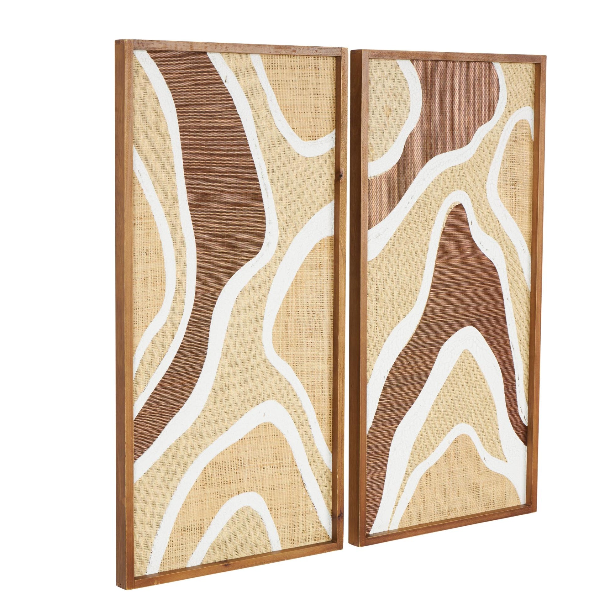 Set of 2 Abstract Brown Wood Textured Wavy Living Room Framed Wall Art with White and Tan Accents
