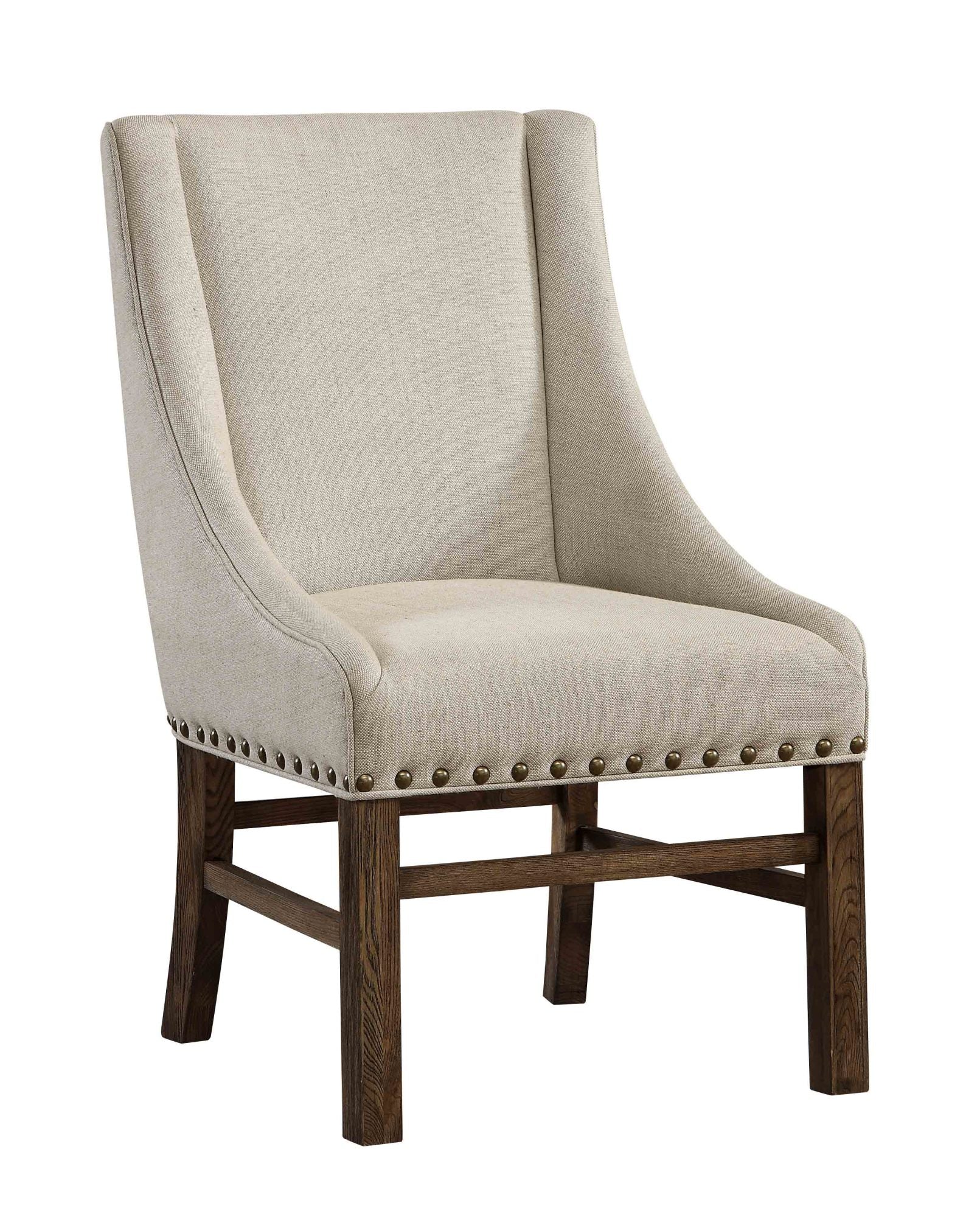 Beige Fabric Curved Living Room Accent Chair with Brown Wooden Legs and Bronze Studded Detailing