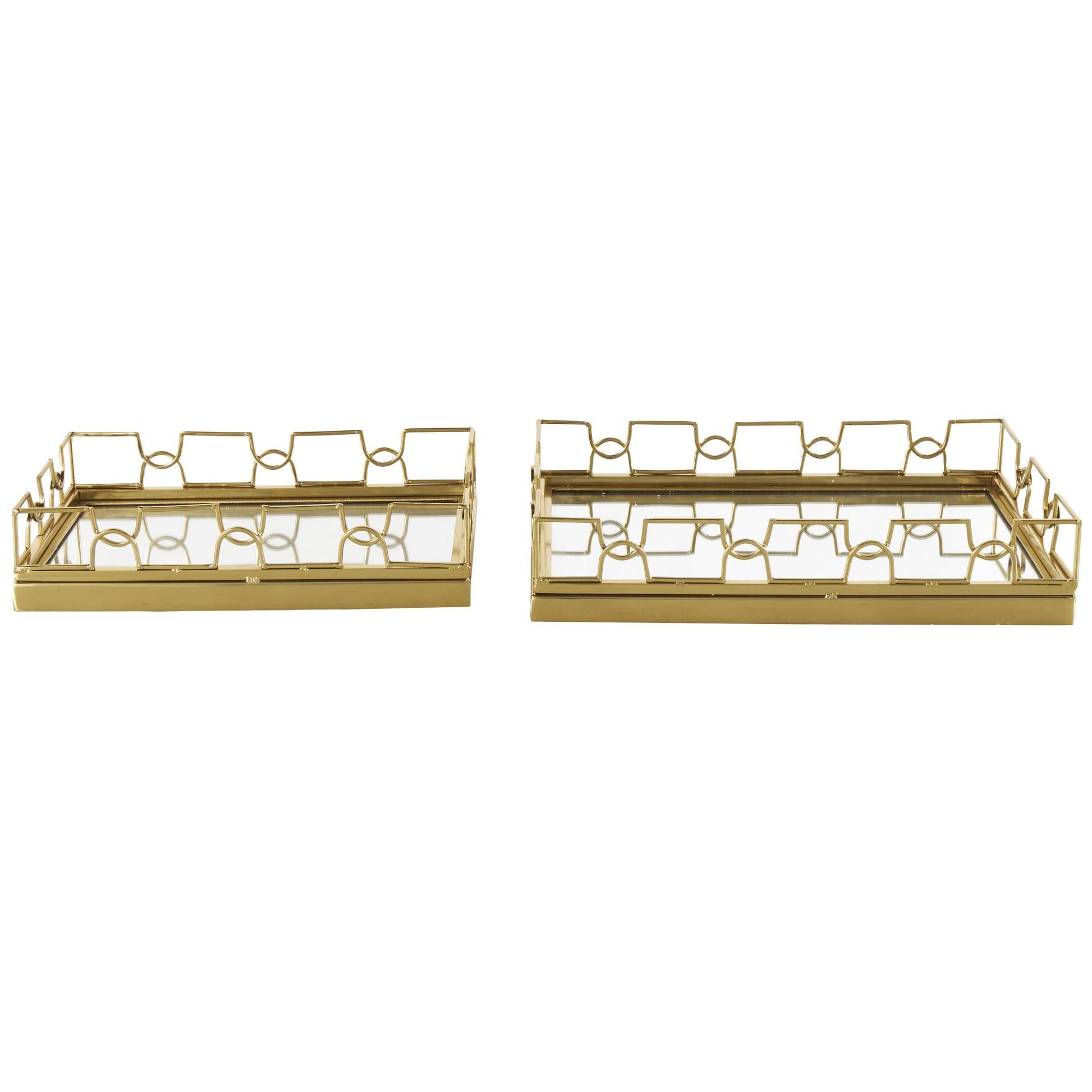 Set of 2 Geometric Gold Stainless Steel Metal Mirrored Living Room Decor Tray with Wire Rod Frame