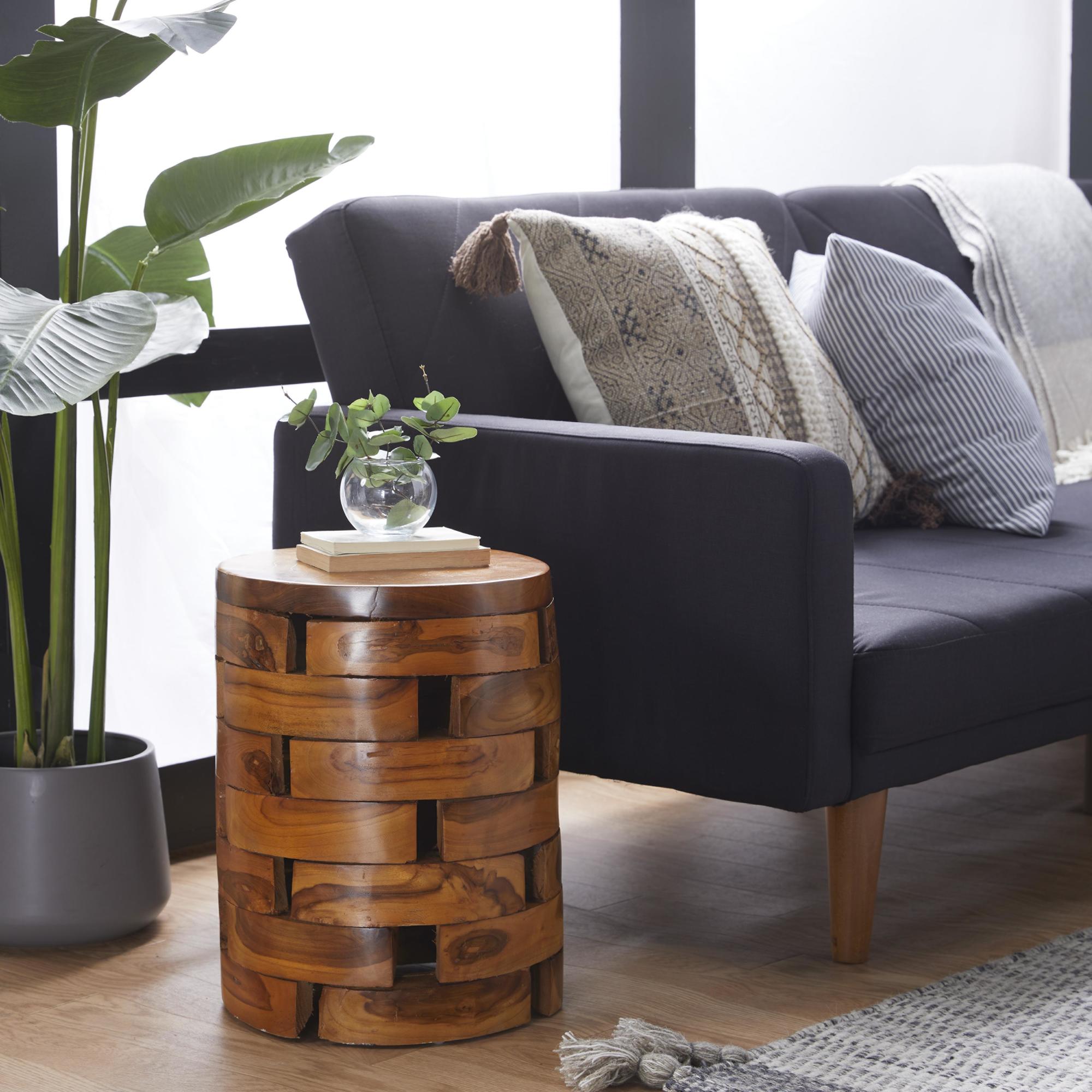 Teak Wood Handmade Live Edge Side End Accent Table with Brick Inspired Design