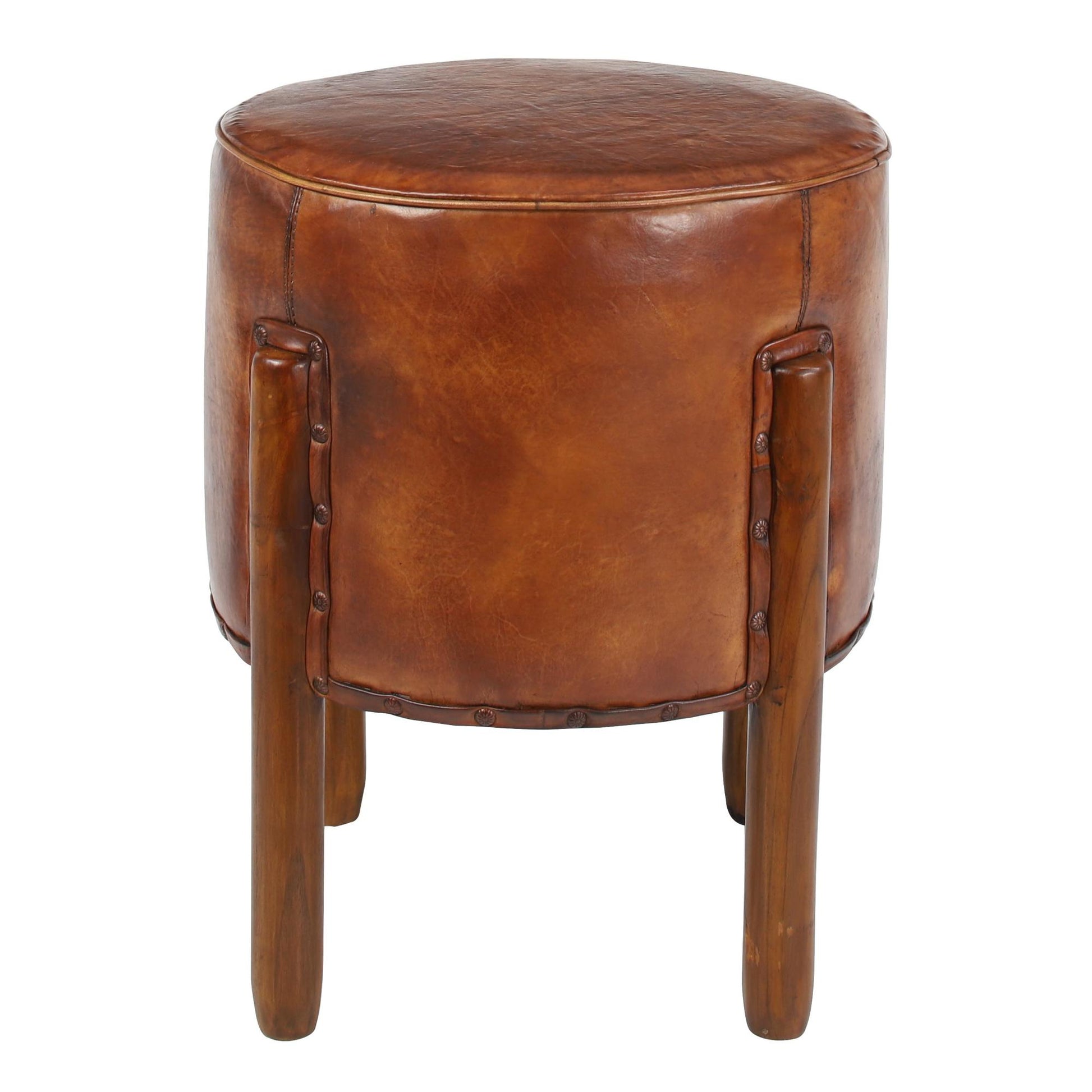 Brown Teak Wood Handmade Upholstered Leather Living Room Stool with Wood Legs