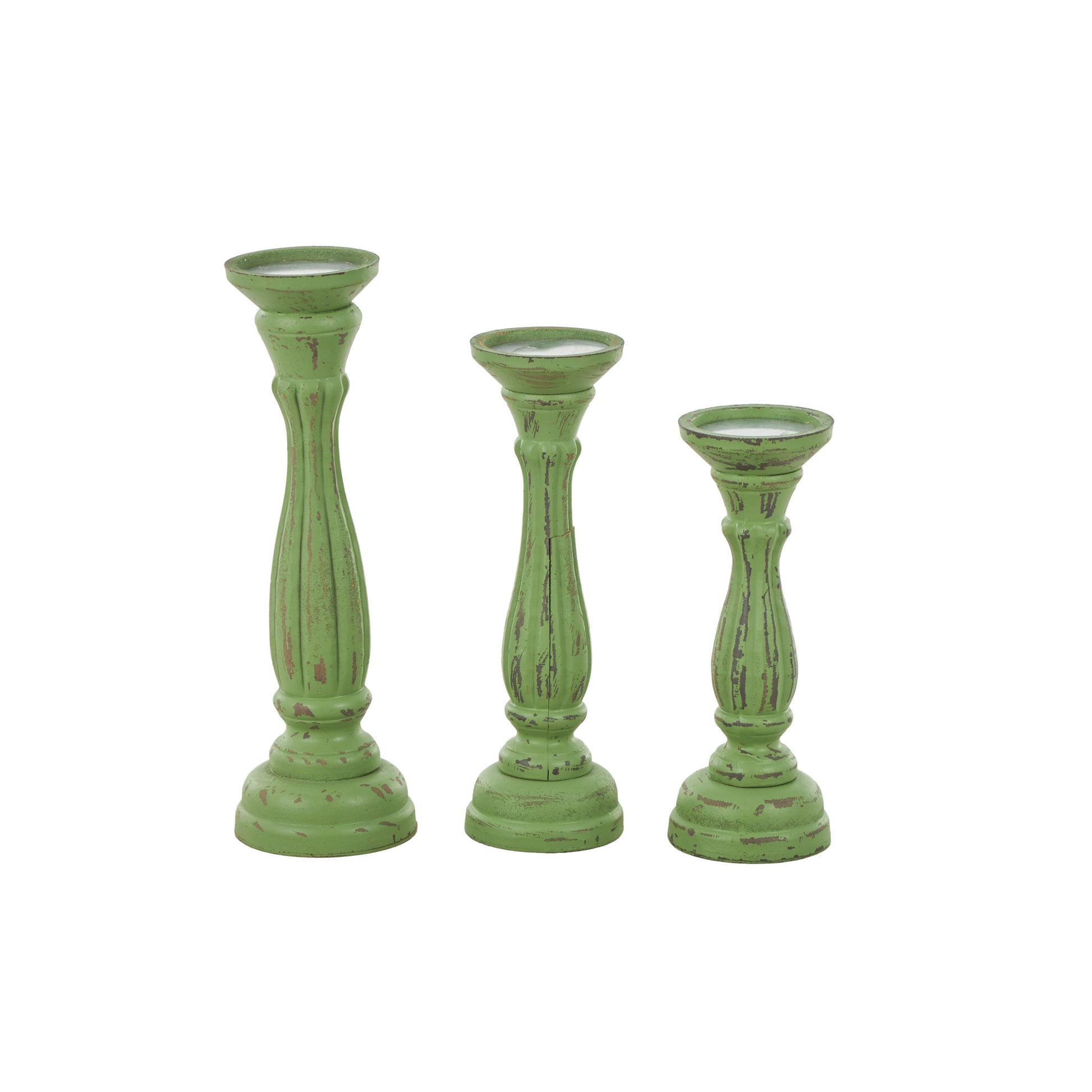 Set of 3 Wooden Distressed Turned Pillar Decorative Candle Holder