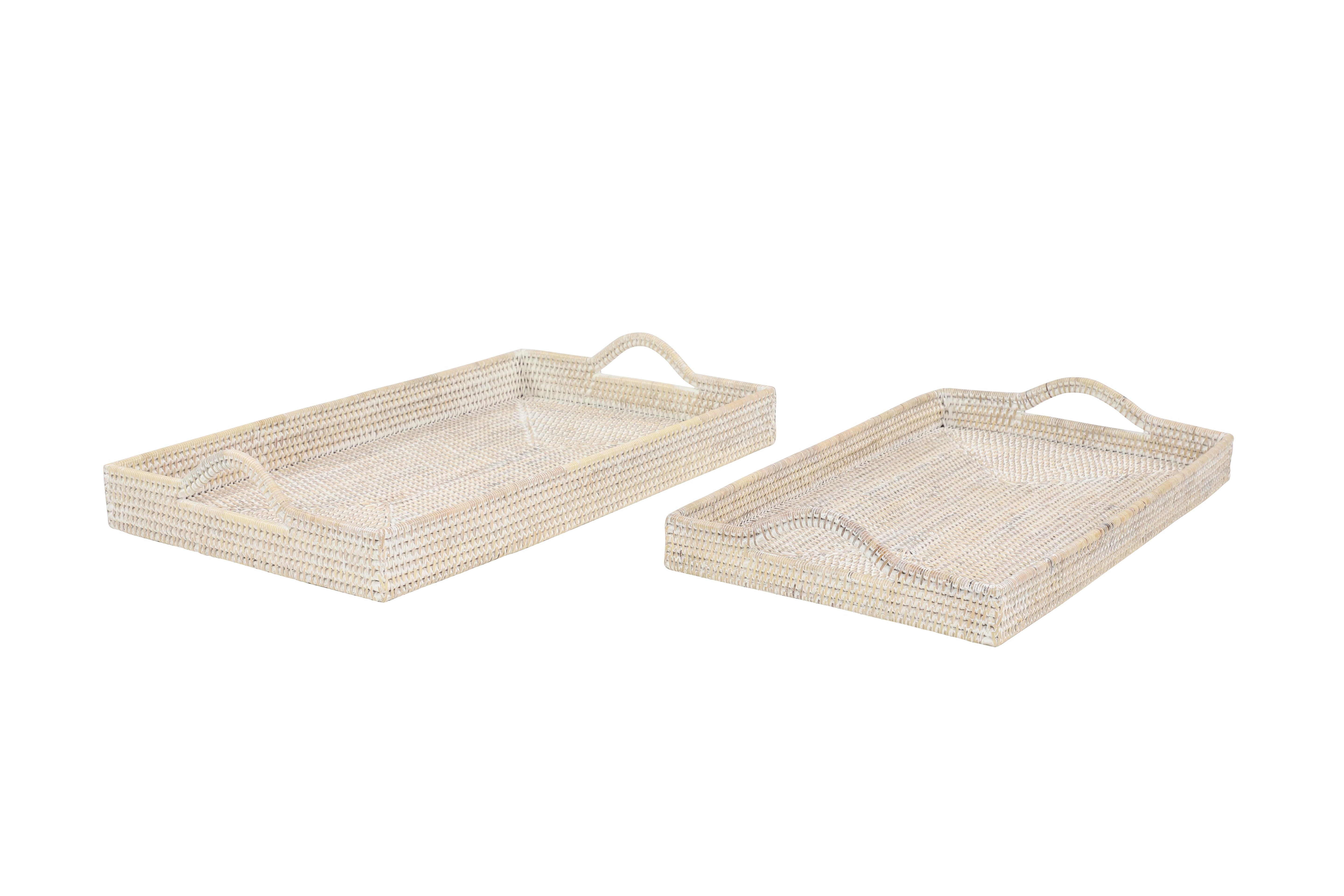 Set of 2 Rattan Large Rectangular Woven Living Room Decor Tray