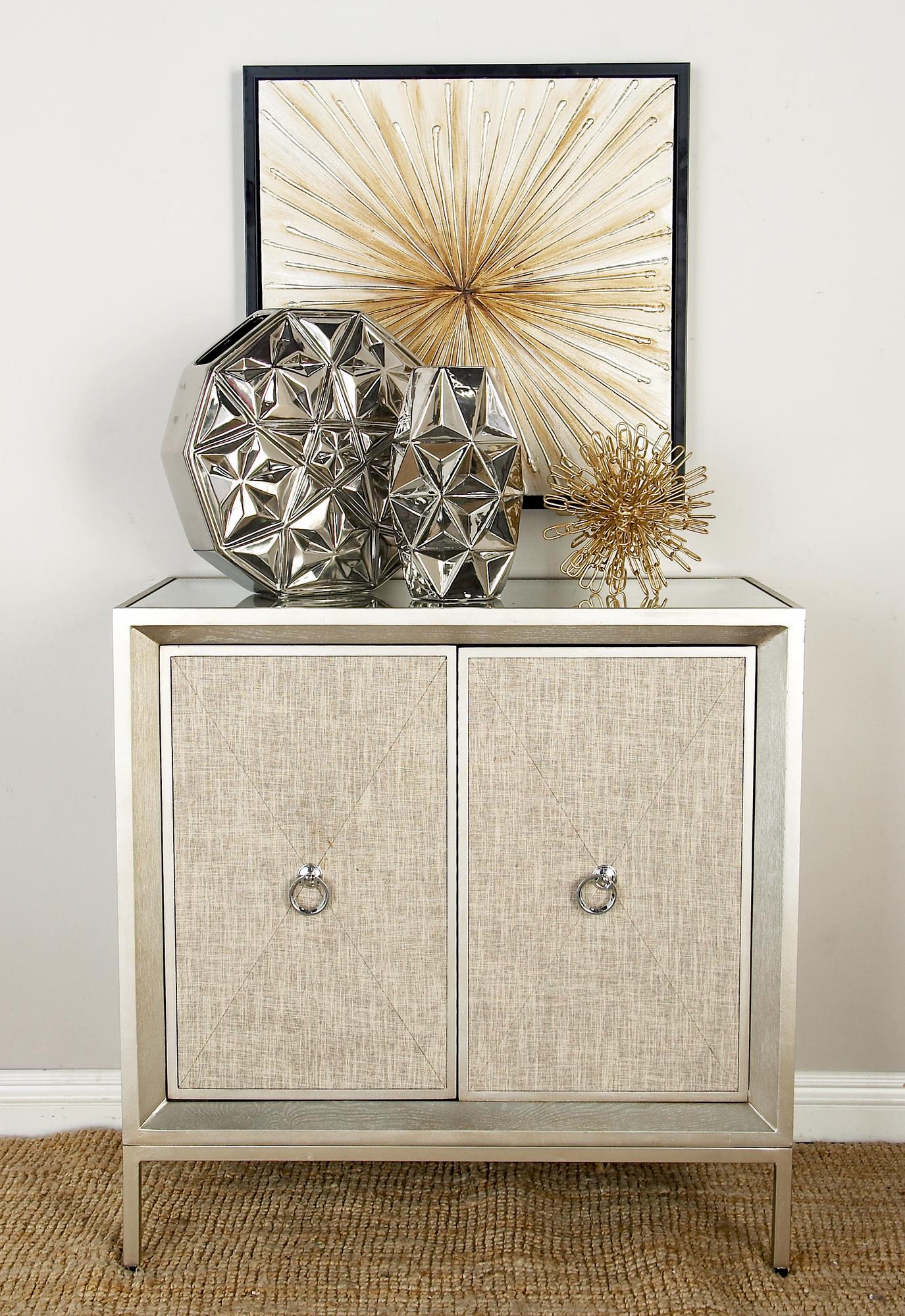Beige Wooden Upholstered Front Panel 2 Door Room Cabinet with Mirrored Top and Ring Handles