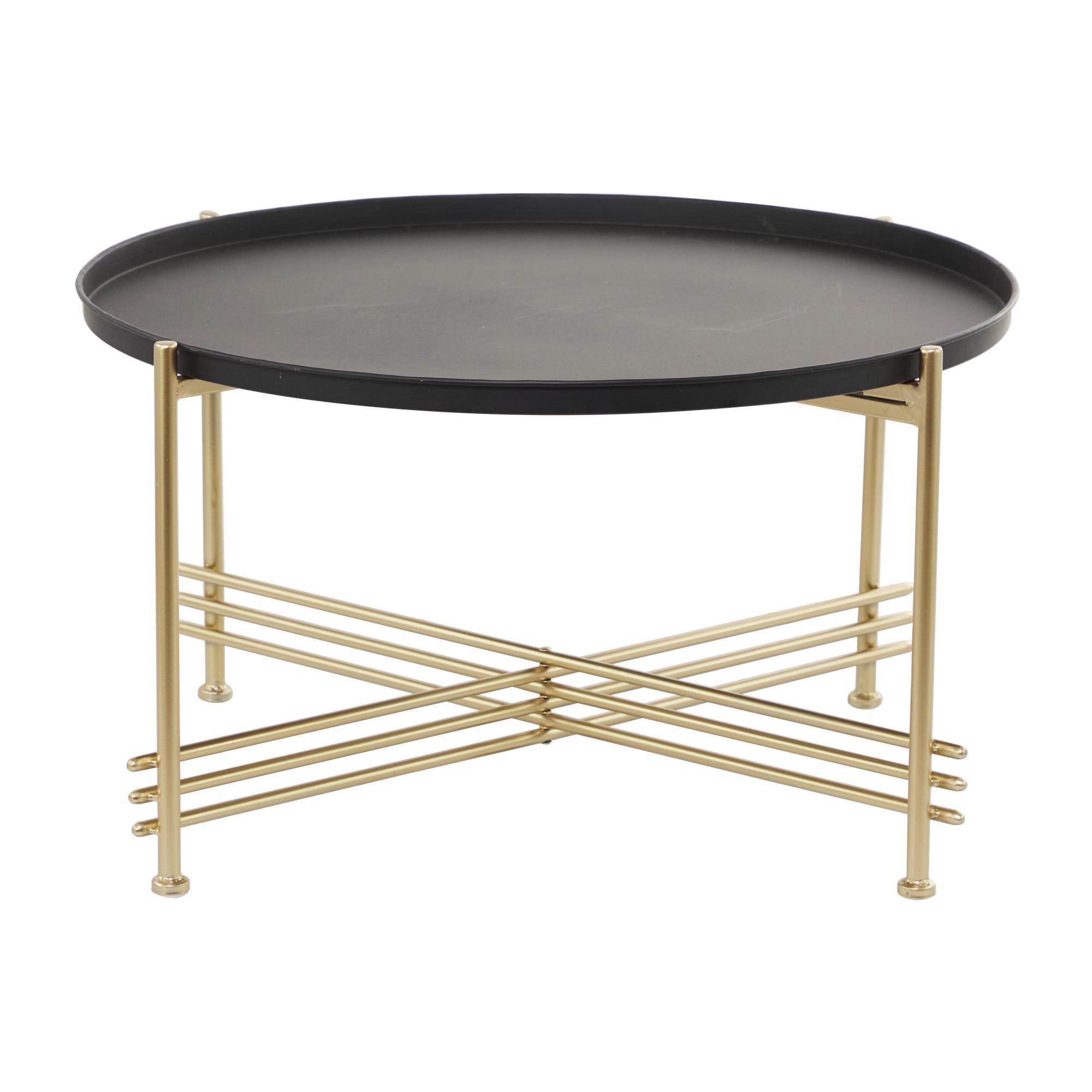 Black Metal Tray Top Living Room Coffee Table with Gold X-Shaped Base