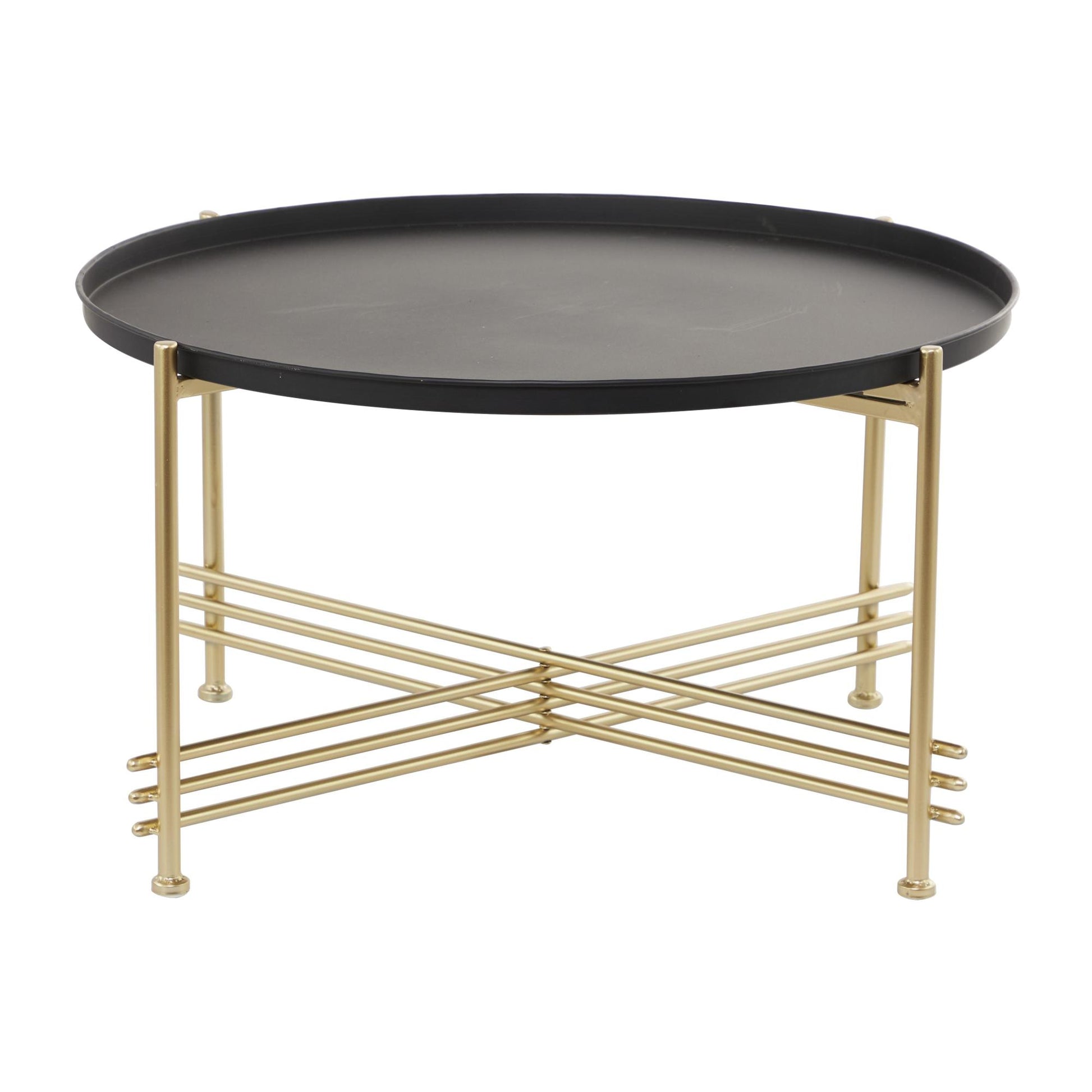 Black Metal Tray Top Living Room Coffee Table with Gold X-Shaped Base