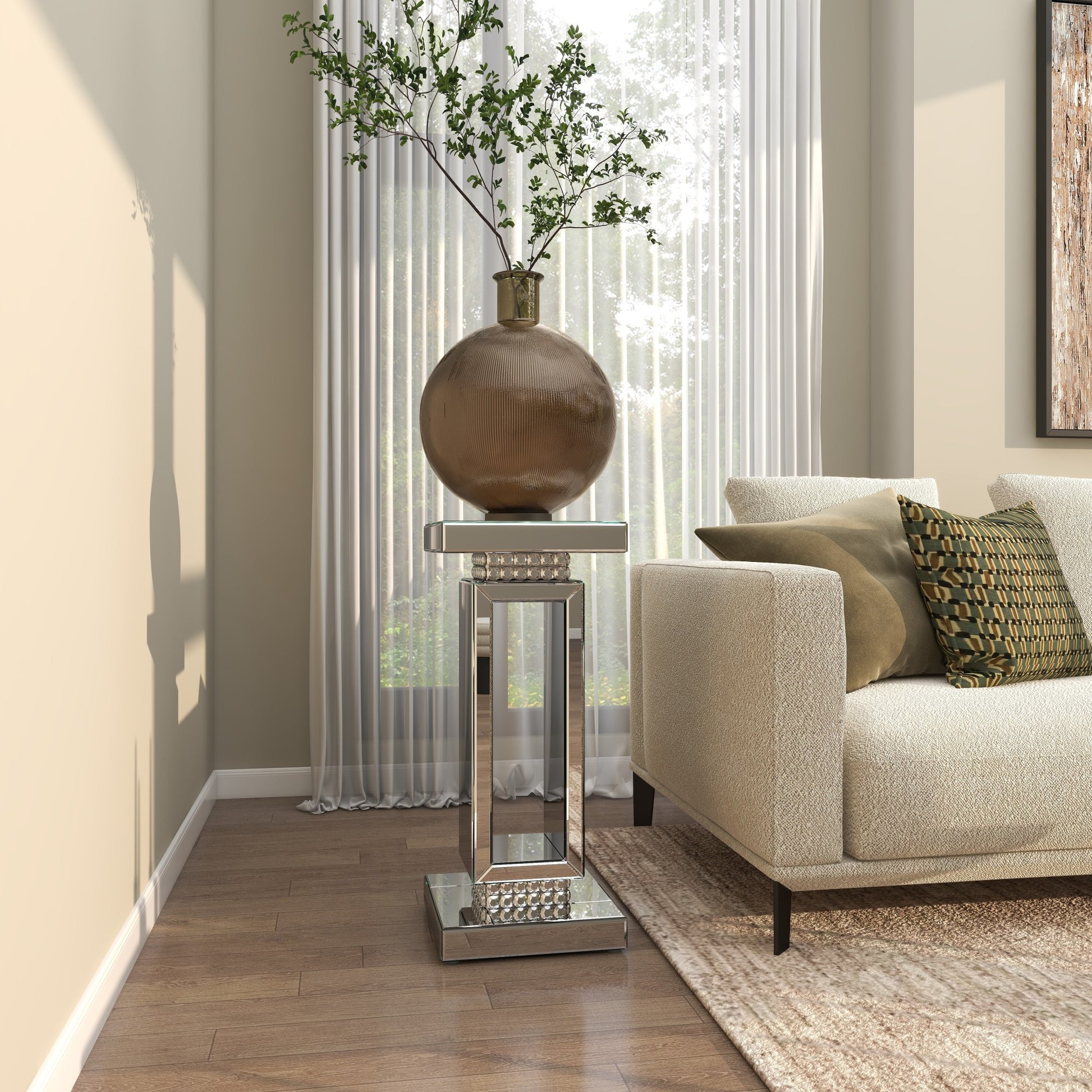 Silver Glass Mirrored Side End Pedestal Table