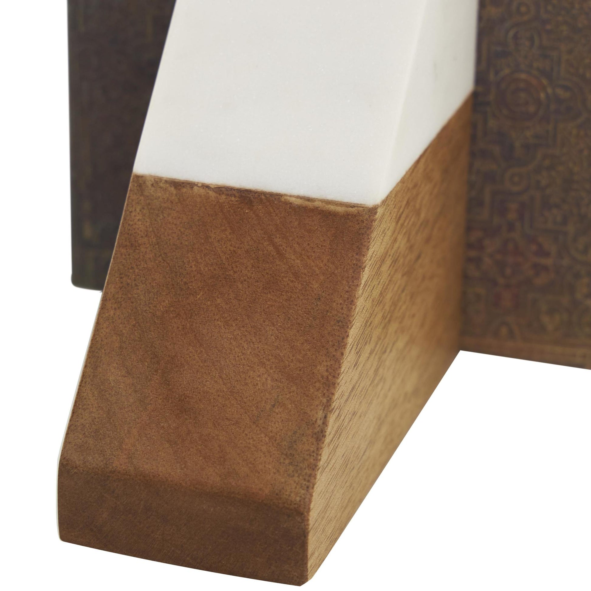 Set of 2 Geometric Brown Mango Wood Triangle 3 lbs Decorative Bookends with White Marble Tops